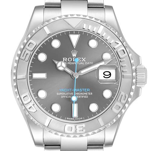 The Rolex Yacht-Master 116622 Men's Stainless Steel Grey Dial is shown from a front angle, featuring the dial, bezel, and part of the bracelet.