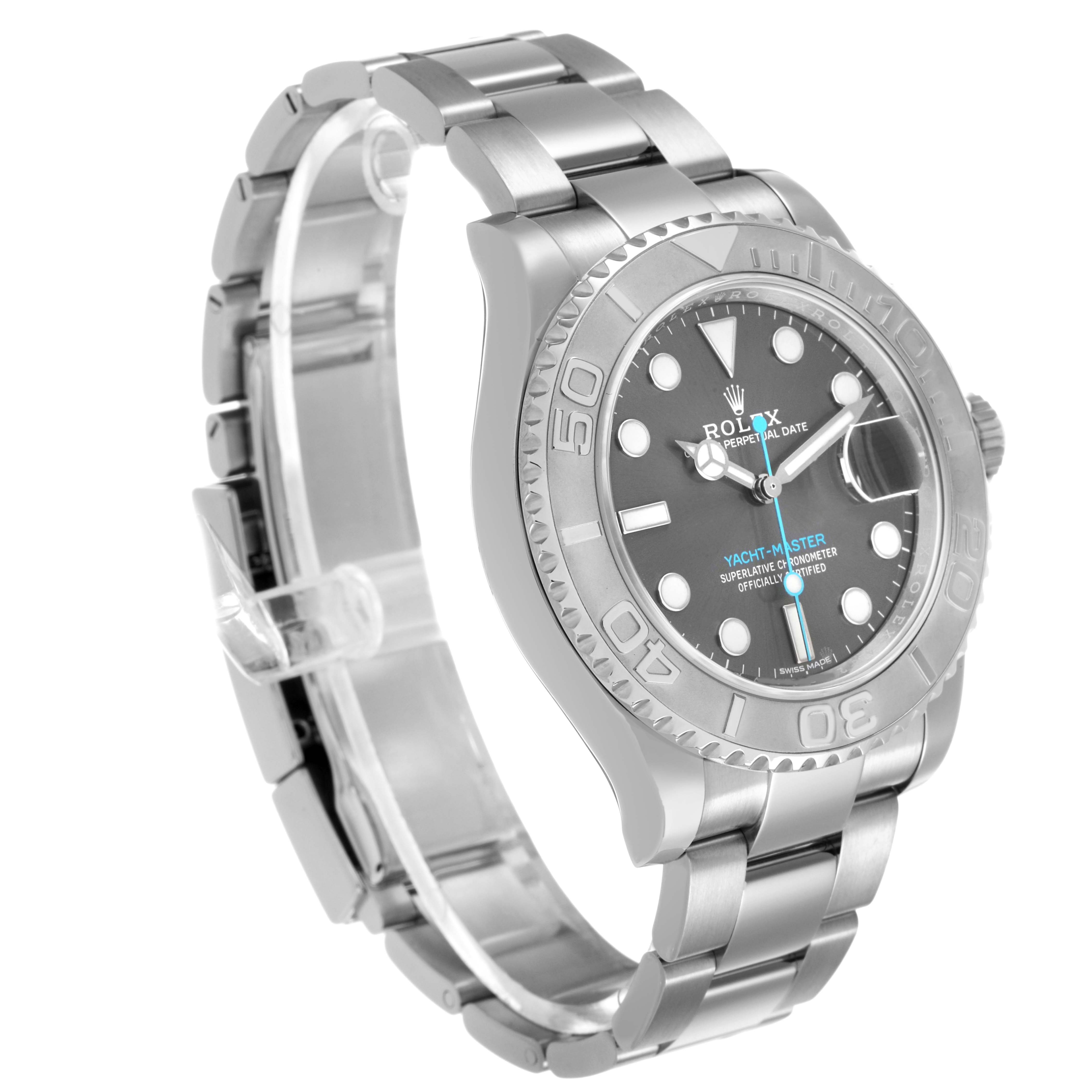 The Rolex Yacht-Master 116622 Men's Stainless Steel Grey Dial watch is shown at a three-quarter angle, highlighting the bezel, dial, and bracelet.