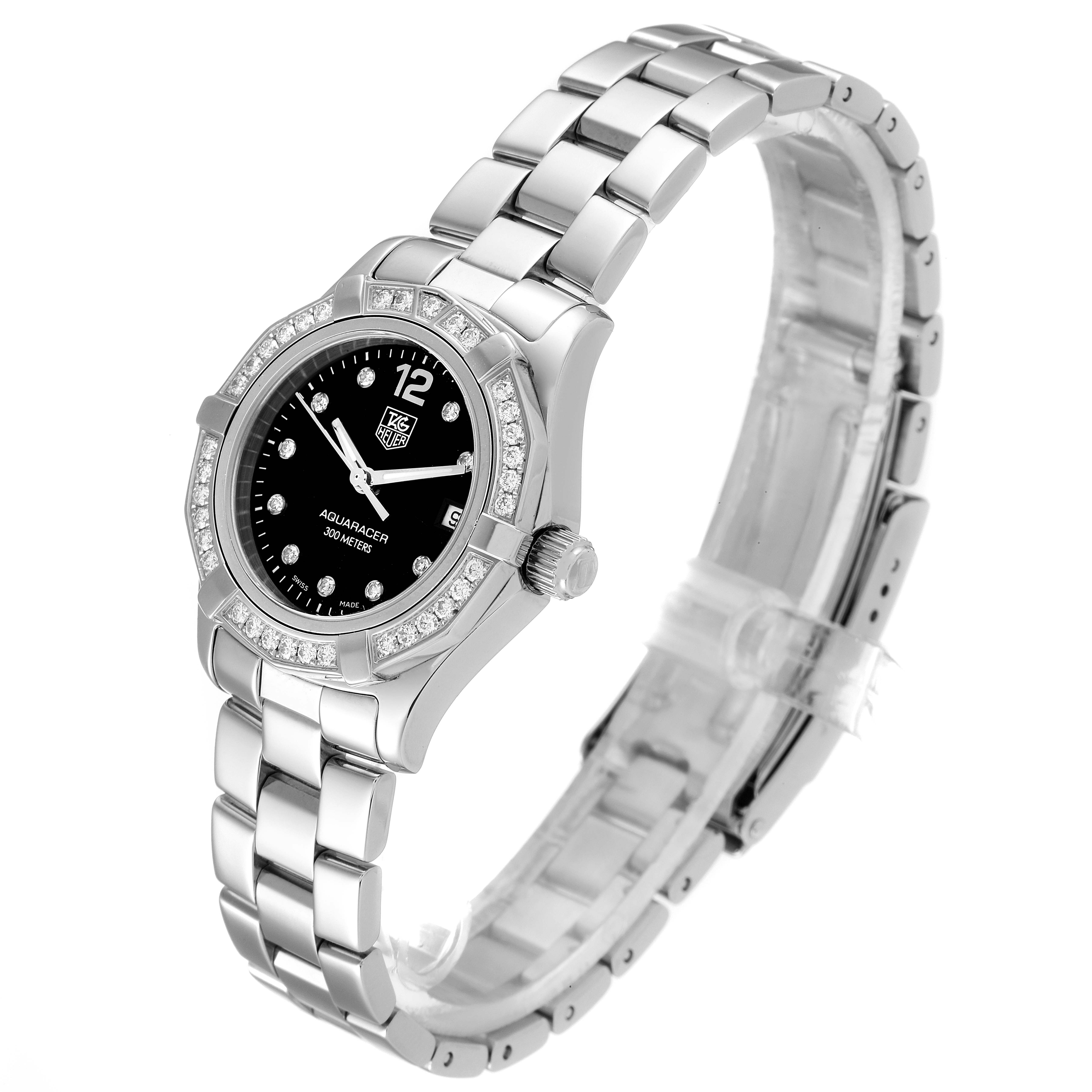 The image showcases a side angle view of a Tag Heuer Aquaracer WAF141D Women's Stainless Steel Black Dial WAF141D Women's Stainless Steel Black Dial watch, featuring its bezel, dial, bracelet, and crown.