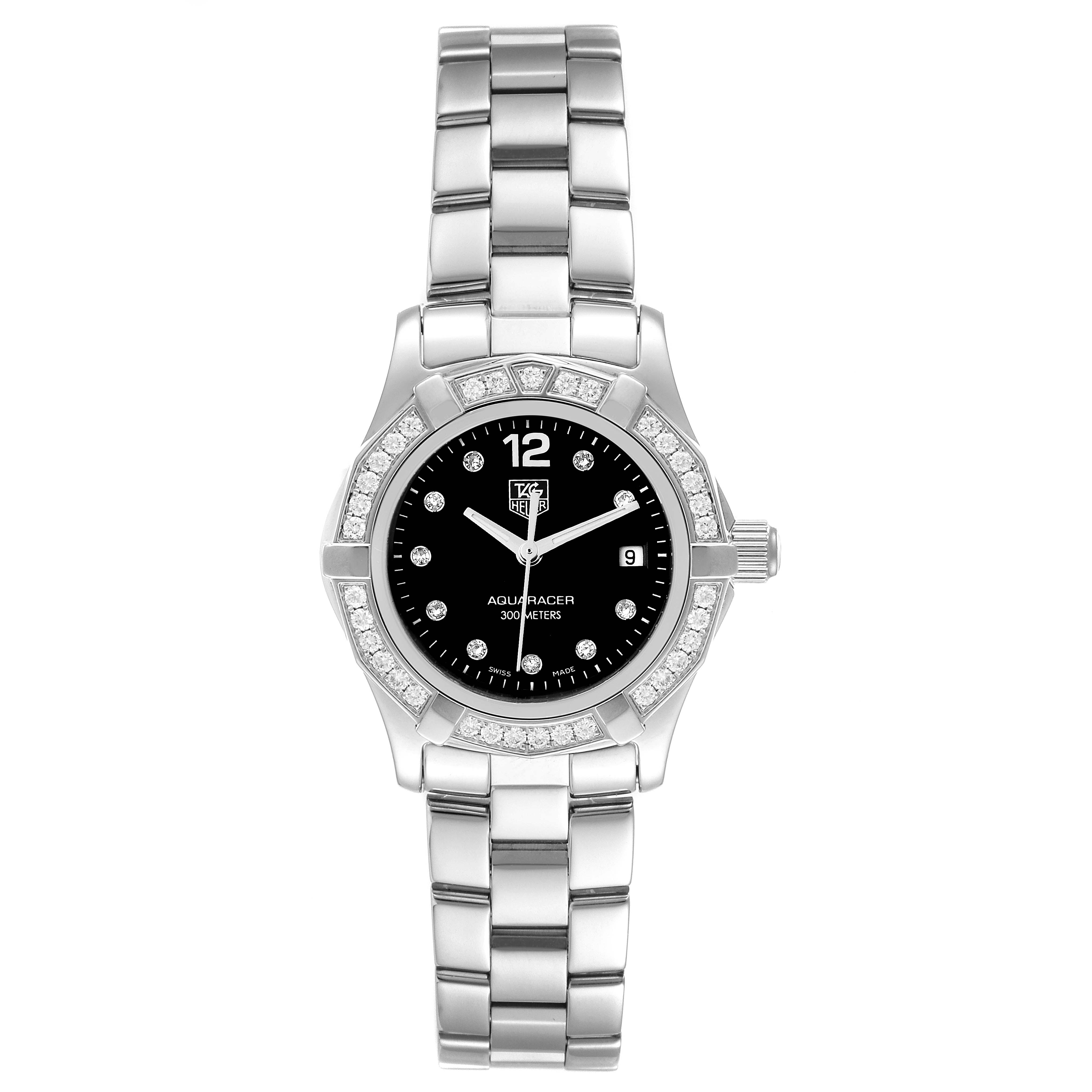 This Tag Heuer Aquaracer WAF141D Women's Stainless Steel Black Dial WAF141D Women's Stainless Steel Black Dial watch is shown from a top-down angle, highlighting its band, bezel, dial, and crown.