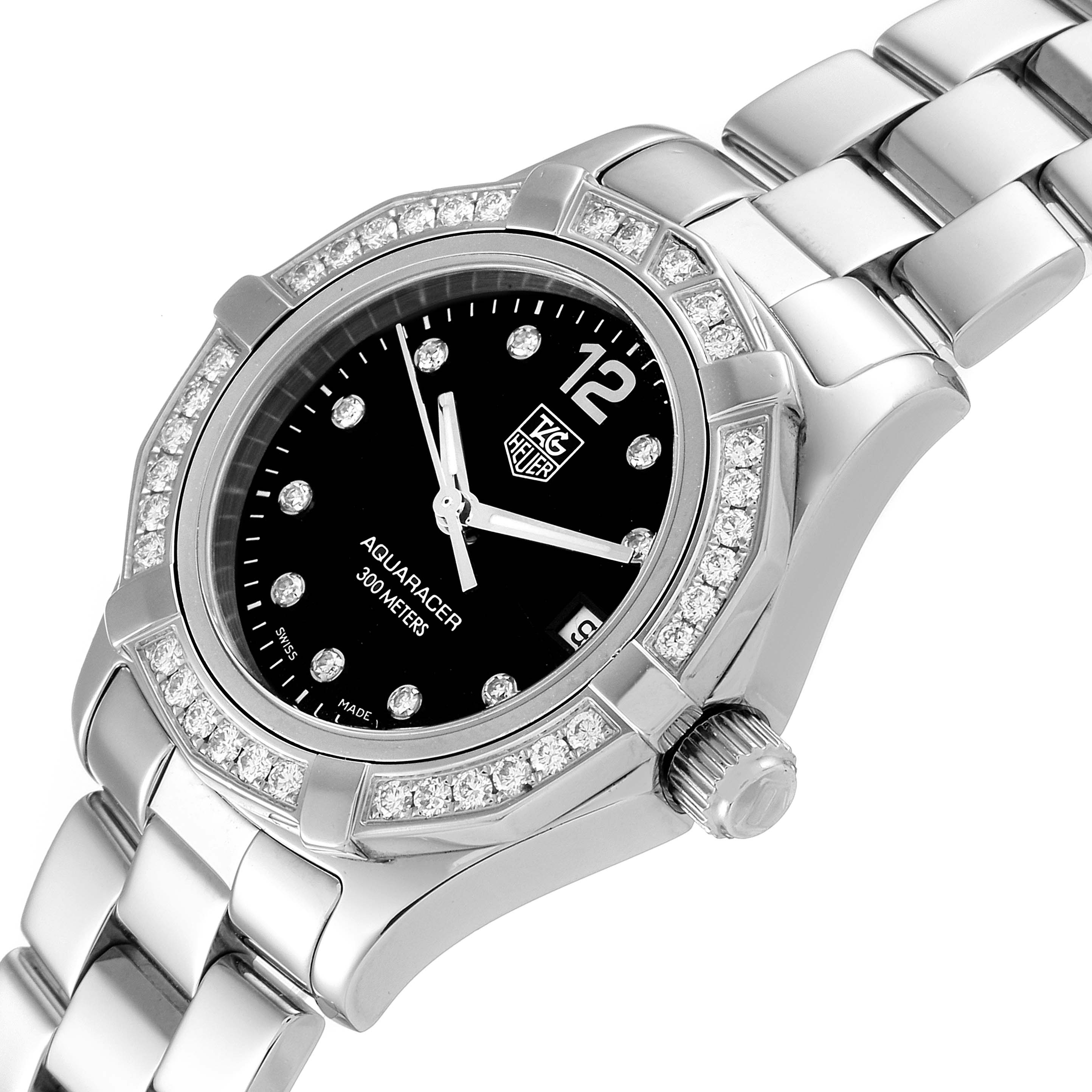 The image shows a Tag Heuer Aquaracer WAF141D Women's Stainless Steel Black Dial WAF141D Women's Stainless Steel Black Dial watch from an angled side view, highlighting the face, bezel, and part of the bracelet.