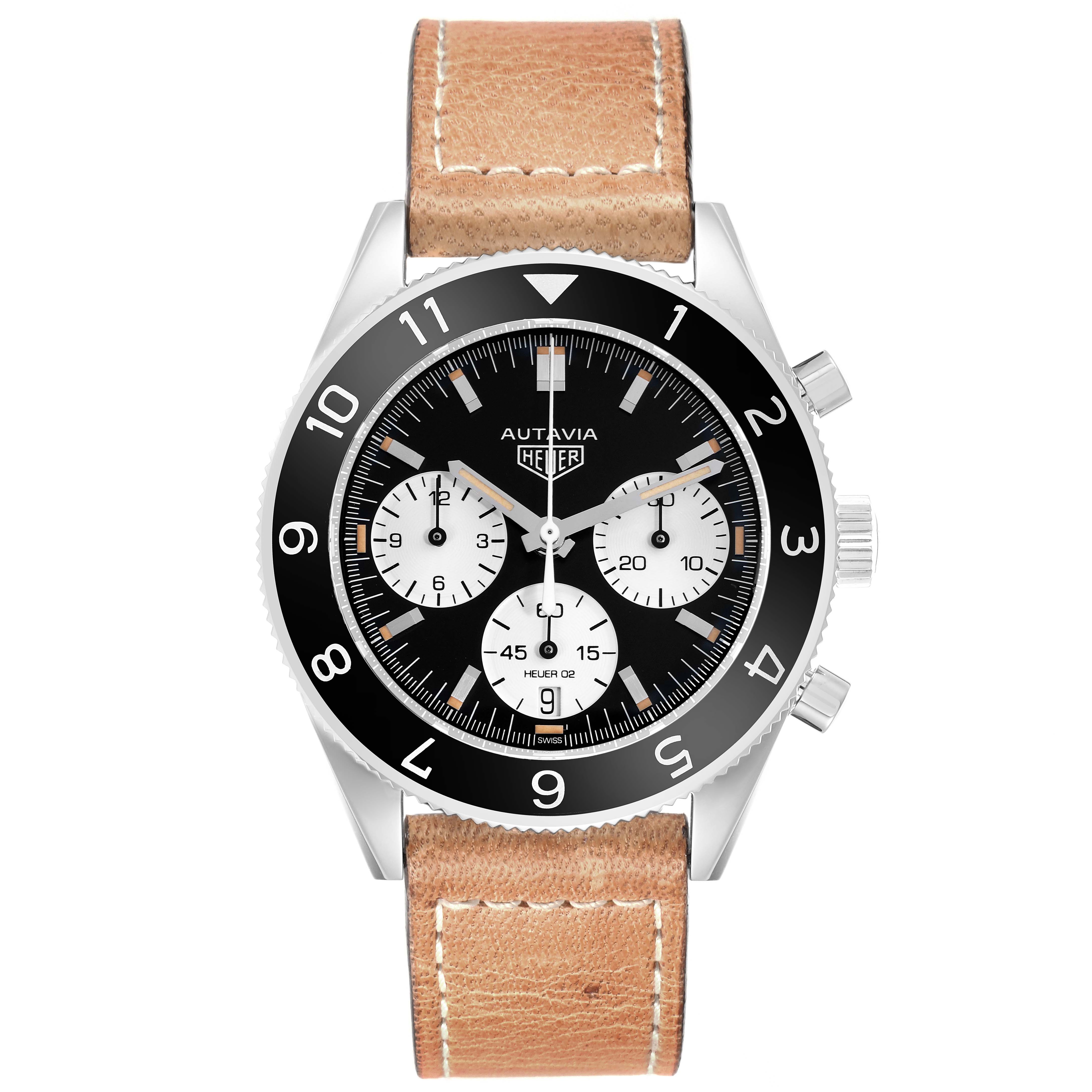 The Tag Heuer Autavia CBE2110 Men
s Stainless Steel Black Dial watch is shown from a front angle, displaying the dial, bezel, and leather strap.