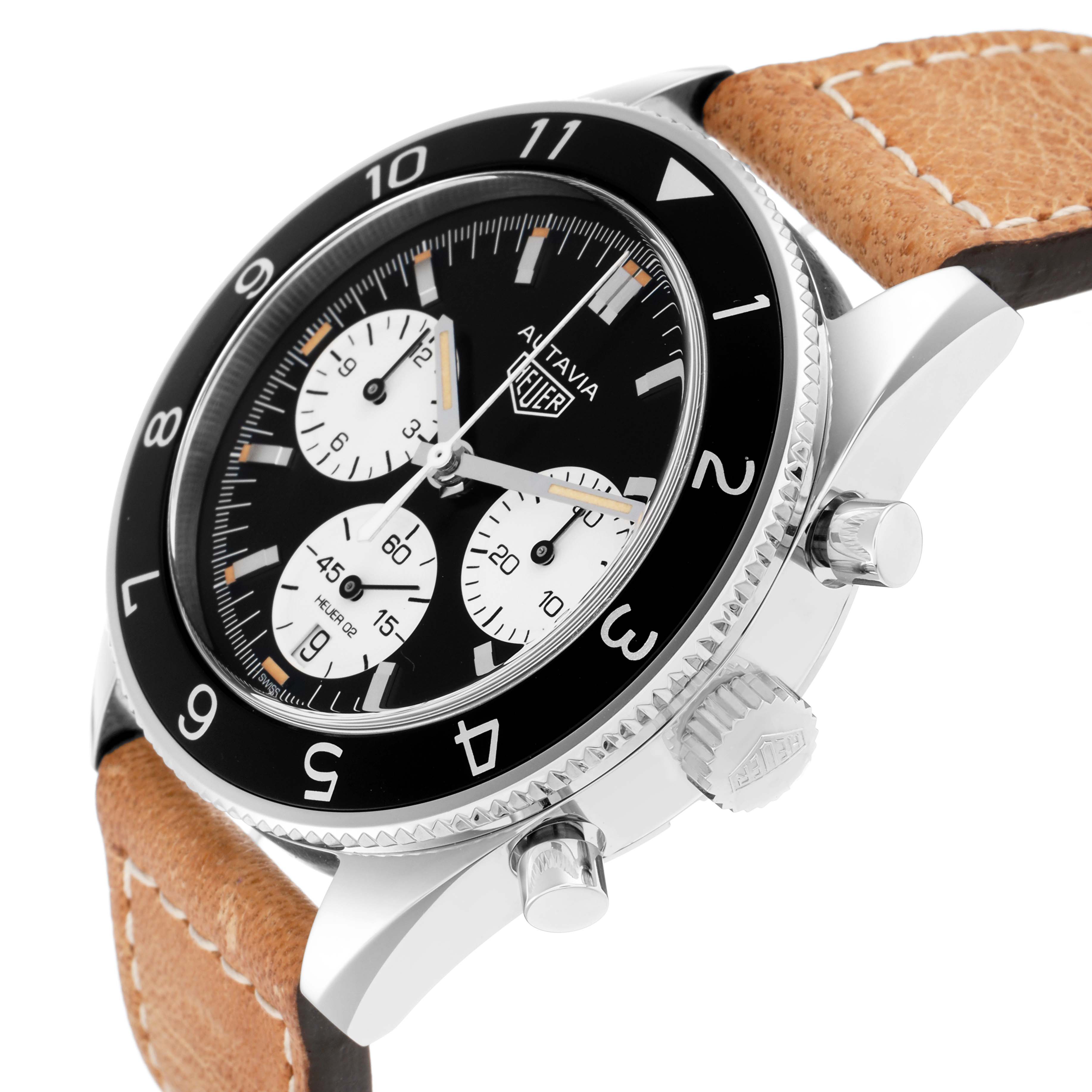 The Tag Heuer Autavia CBE2110 Men
s Stainless Steel Black Dial watch is shown at an angled side view, highlighting the bezel, crown, pushers, and leather strap.