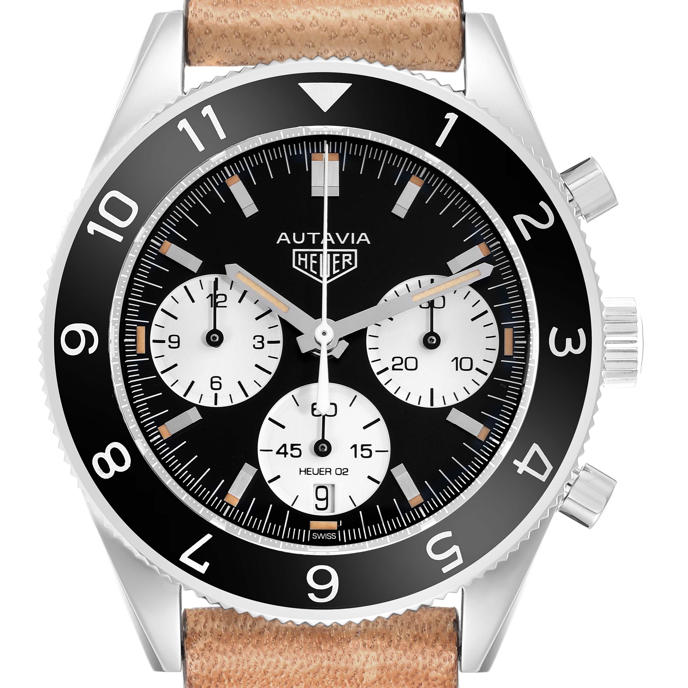 The image shows a front view of the TAG Heuer Autavia watch, highlighting its dial, bezel, subdials, crown, and lugs.