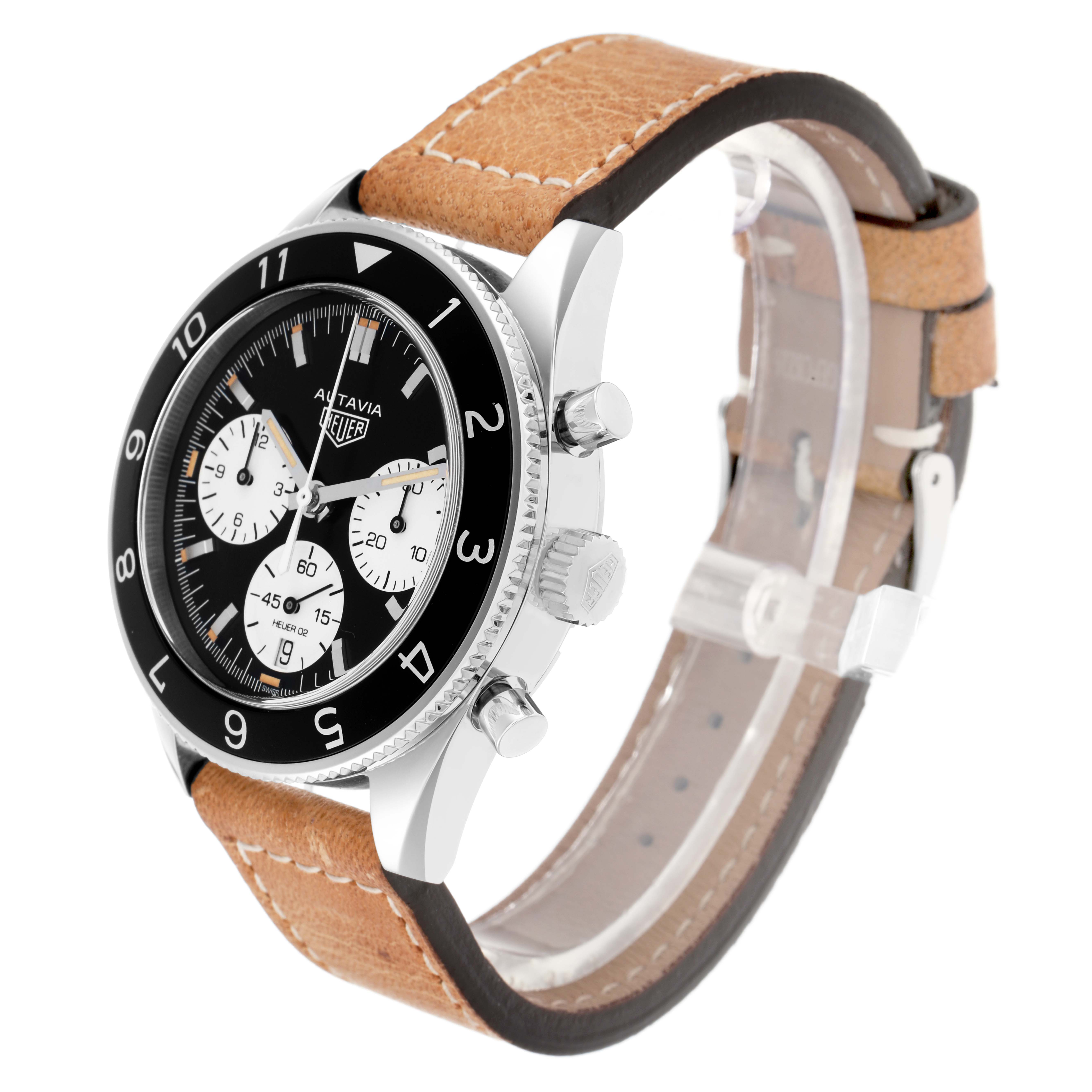 The Tag Heuer Autavia CBE2110 Men
s Stainless Steel Black Dial watch is shown at a three-quarter angle, highlighting the face, case, bezel, pushers, and strap.