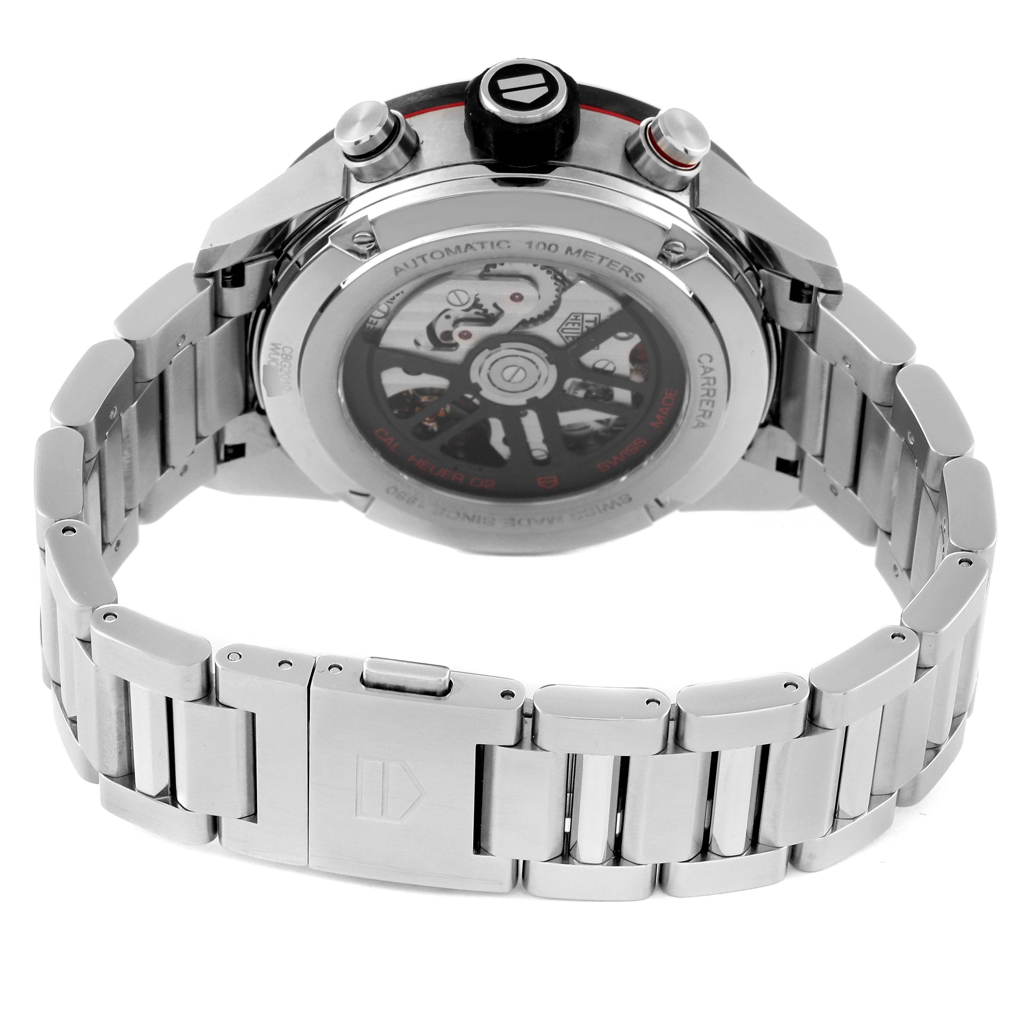 The image shows the back view of a Tag Heuer Carrera CBG2010 Men's Stainless Steel Black Dial CBG2010 Men's Stainless Steel Black Dial watch, highlighting its stainless steel bracelet and case back mechanism.