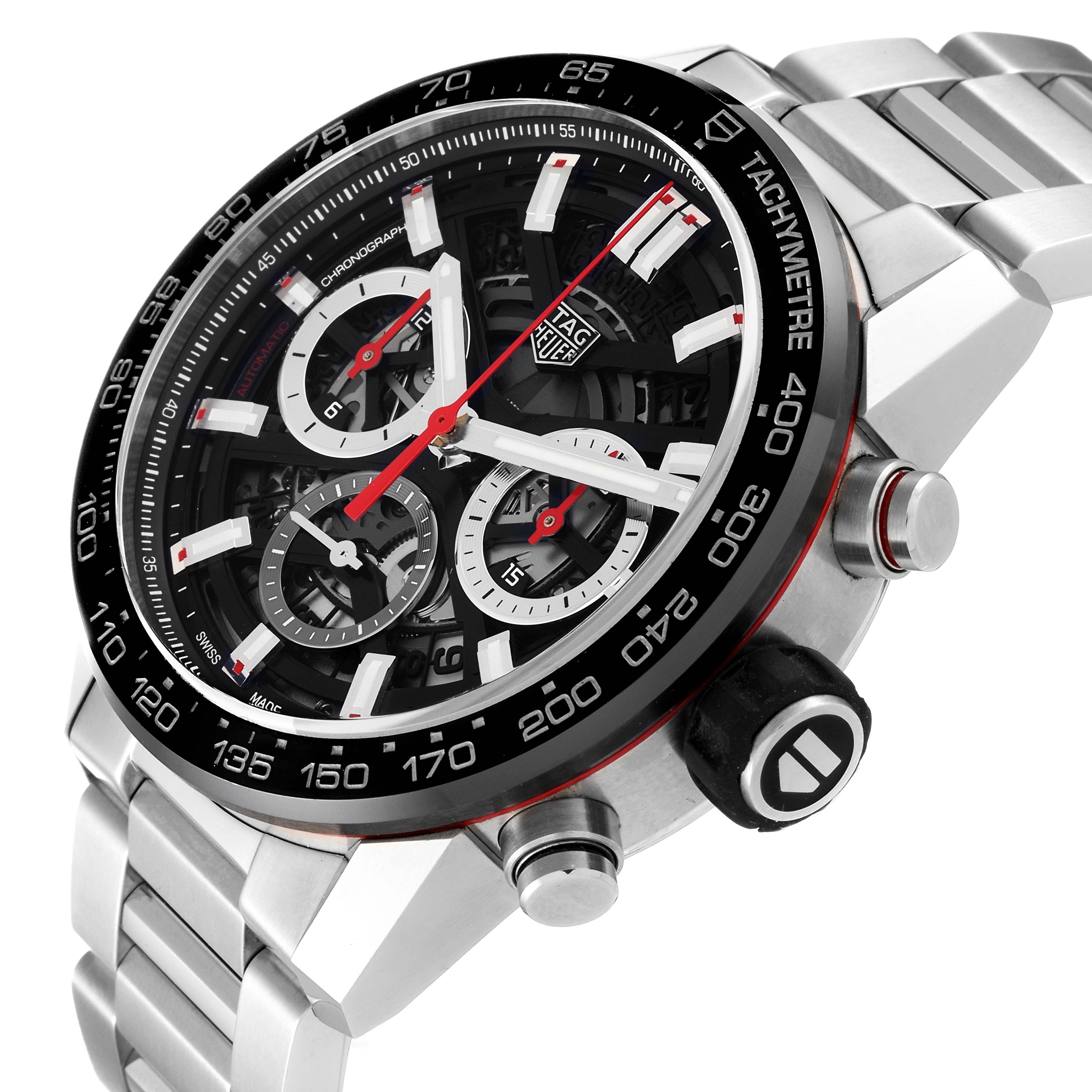 The image shows a close-up, angled side view of the Tag Heuer Carrera CBG2010 Men's Stainless Steel Black Dial CBG2010 Men's Stainless Steel Black Dial watch, highlighting the bezel, dial, and bracelet.