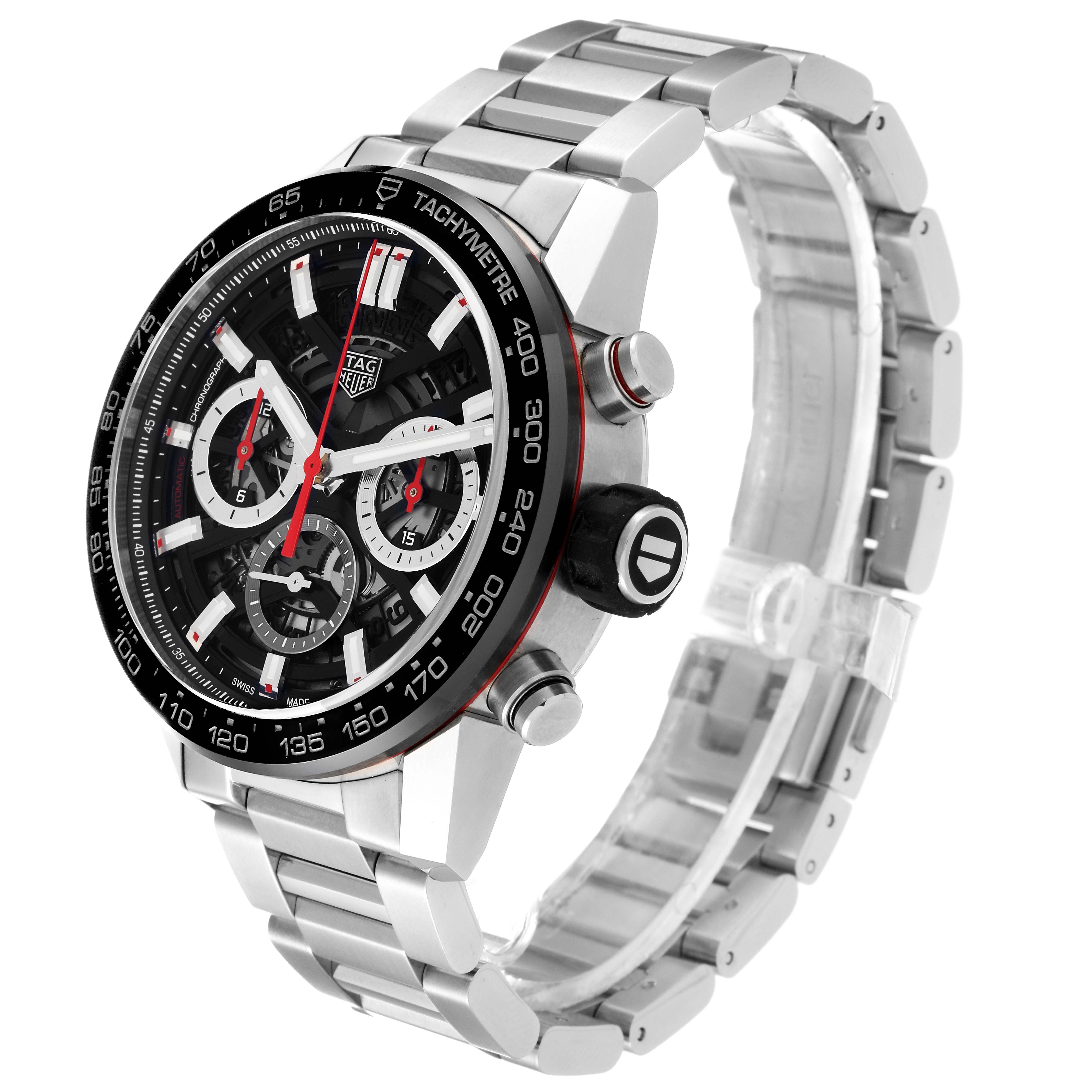 The Tag Heuer Carrera CBG2010 Men's Stainless Steel Black Dial CBG2010 Men's Stainless Steel Black Dial model watch is shown at a three-quarter angle, highlighting the face, bezel, case, and bracelet.