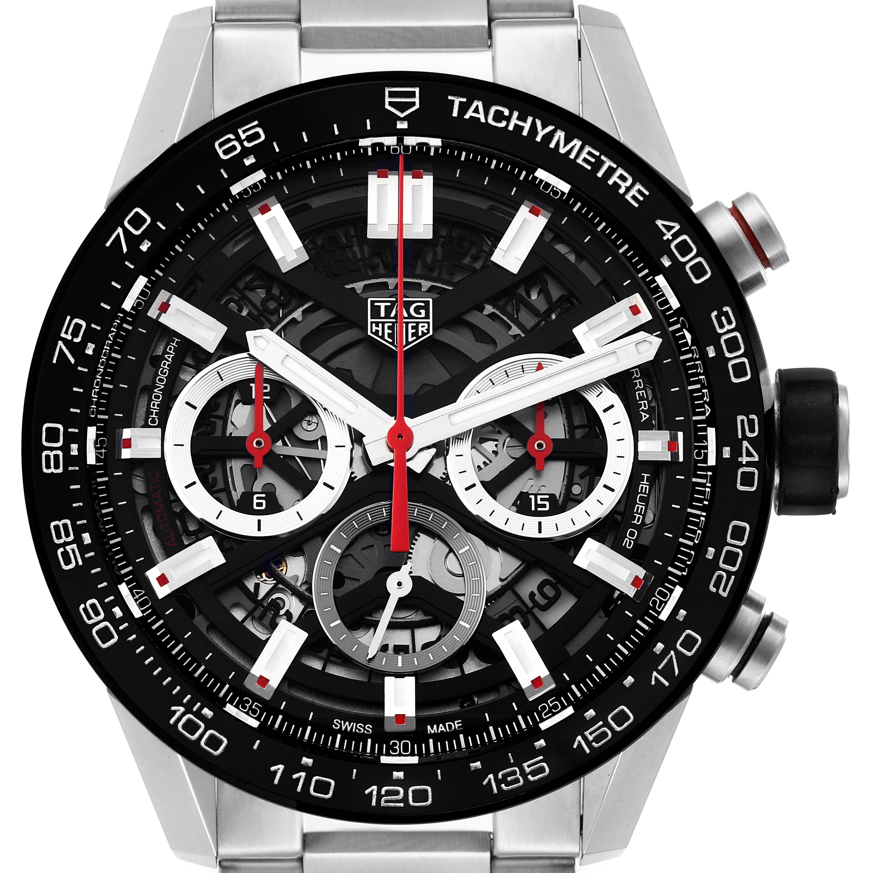 The image shows a close-up view of the dial and bezel of a Tag Heuer Carrera CBG2010 Men's Stainless Steel Black Dial CBG2010 Men's Stainless Steel Black Dial watch, highlighting the tachymeter scale and chronograph subdials.