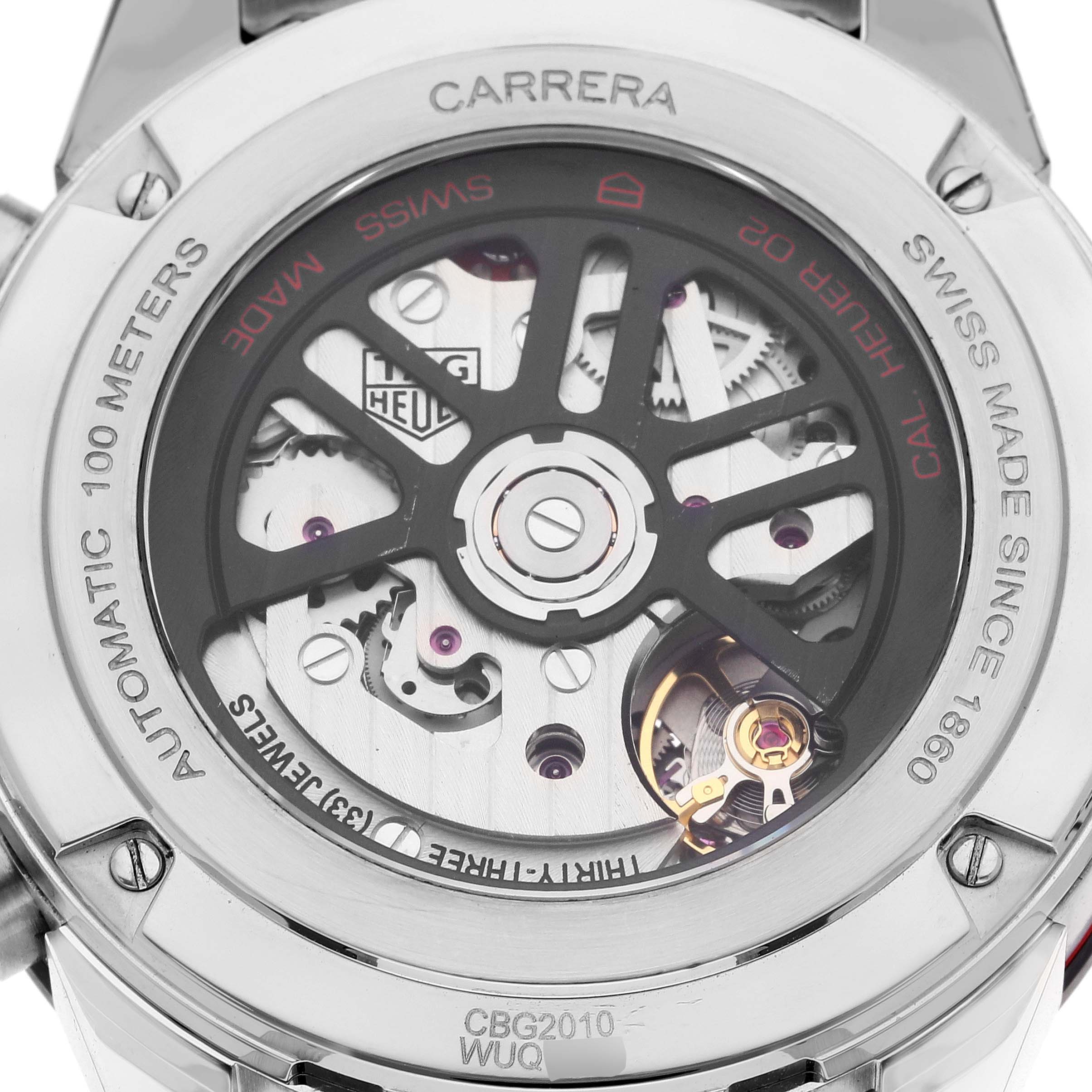 This image shows the back view of a Tag Heuer Carrera CBG2010 Men's Stainless Steel Black Dial CBG2010 Men's Stainless Steel Black Dial watch, revealing its automatic movement and internal mechanisms.