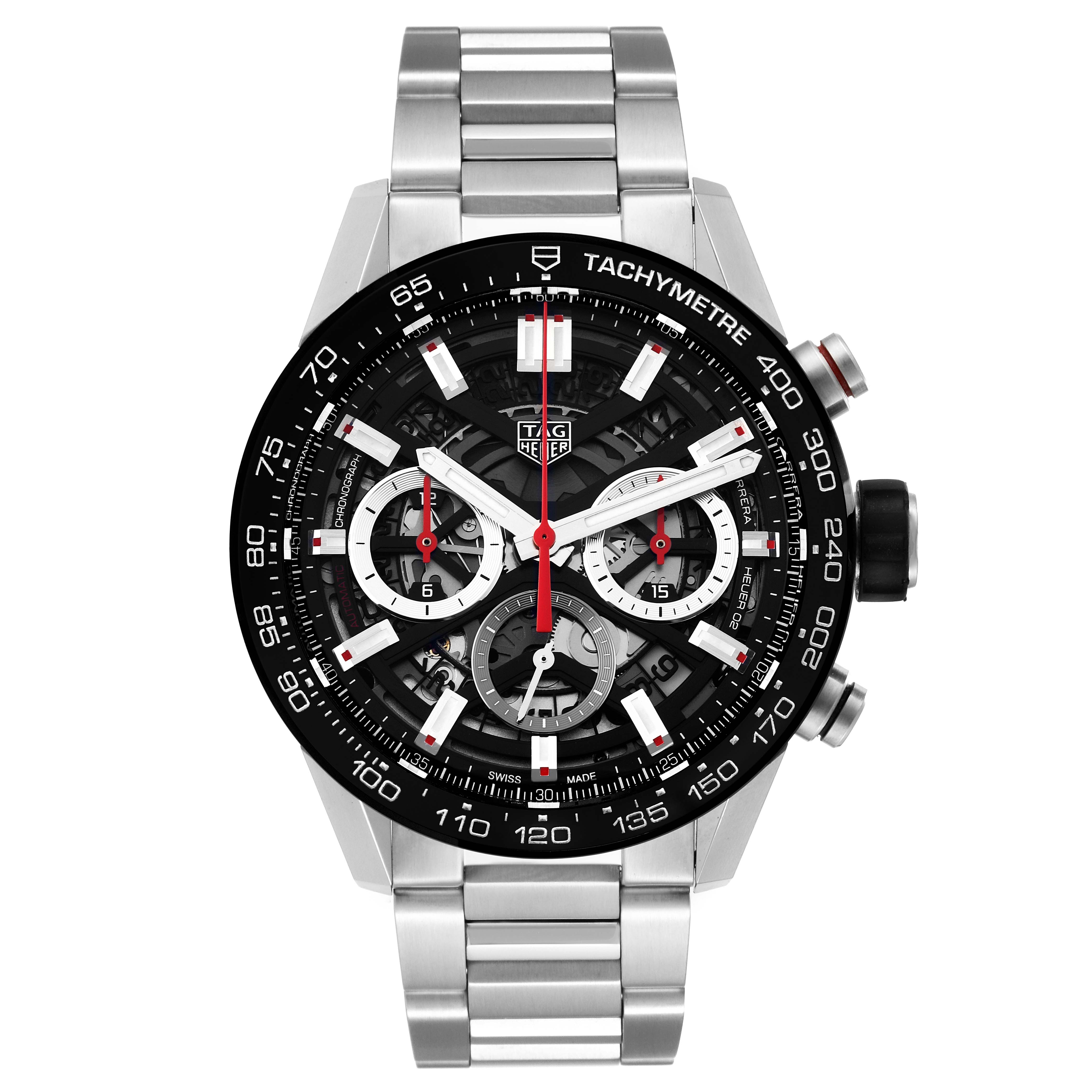 The image shows a front view of the Tag Heuer Carrera CBG2010 Men's Stainless Steel Black Dial CBG2010 Men's Stainless Steel Black Dial watch, displaying the face, tachymeter, and stainless steel bracelet.