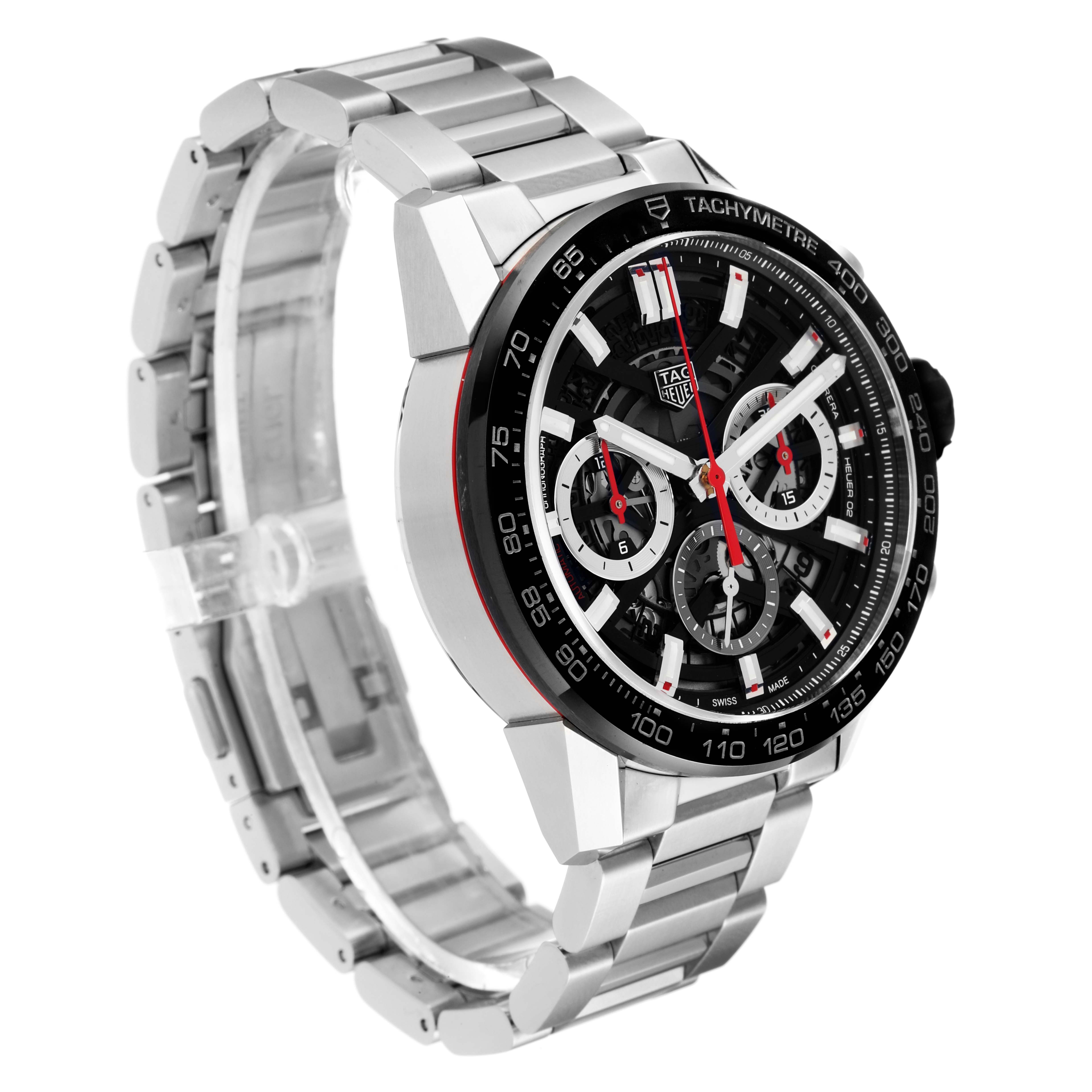 The image shows a side angle of a Tag Heuer Carrera CBG2010 Men's Stainless Steel Black Dial CBG2010 Men's Stainless Steel Black Dial watch, highlighting its face, bezel, and stainless steel bracelet.