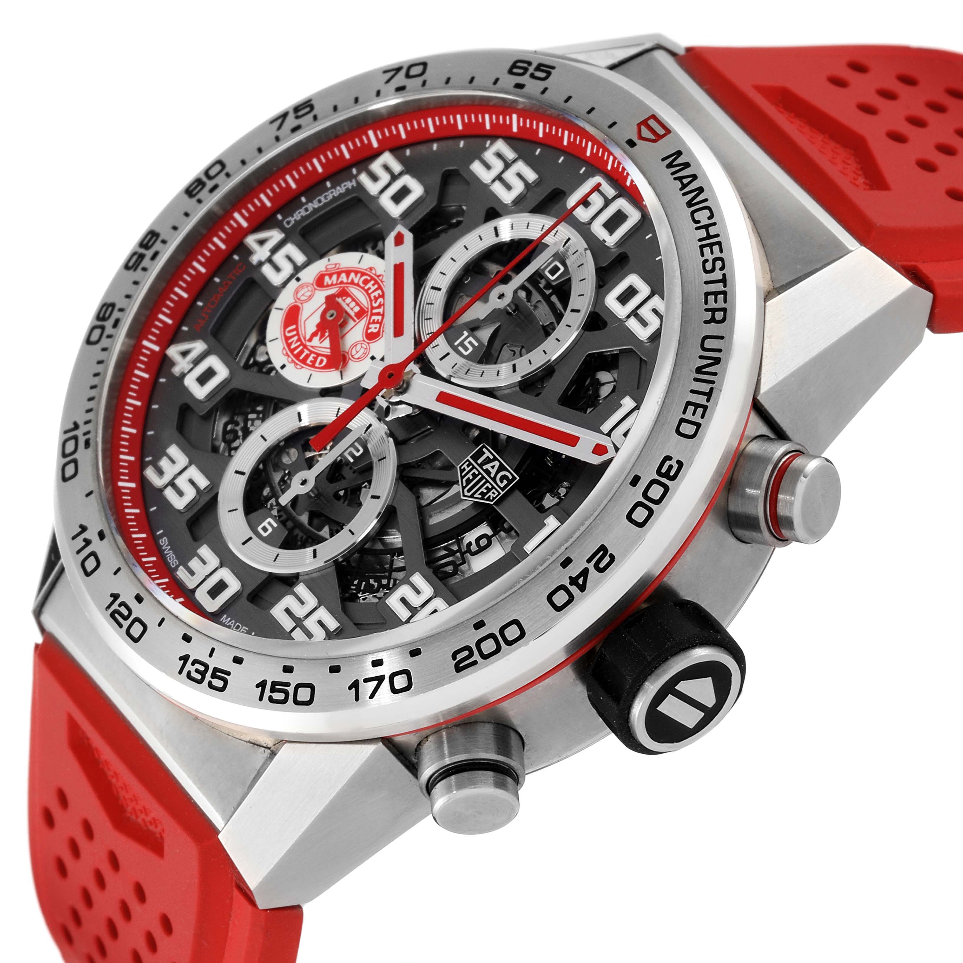 The Tag Heuer Carrera CAR201M.FT6156 Men's Stainless Steel Silver Dial CAR201M.FT6156 Men's Stainless Steel Silver Dial watch is shown at a slight angle, highlighting the face, bezel, and pushers, along with red strap details.