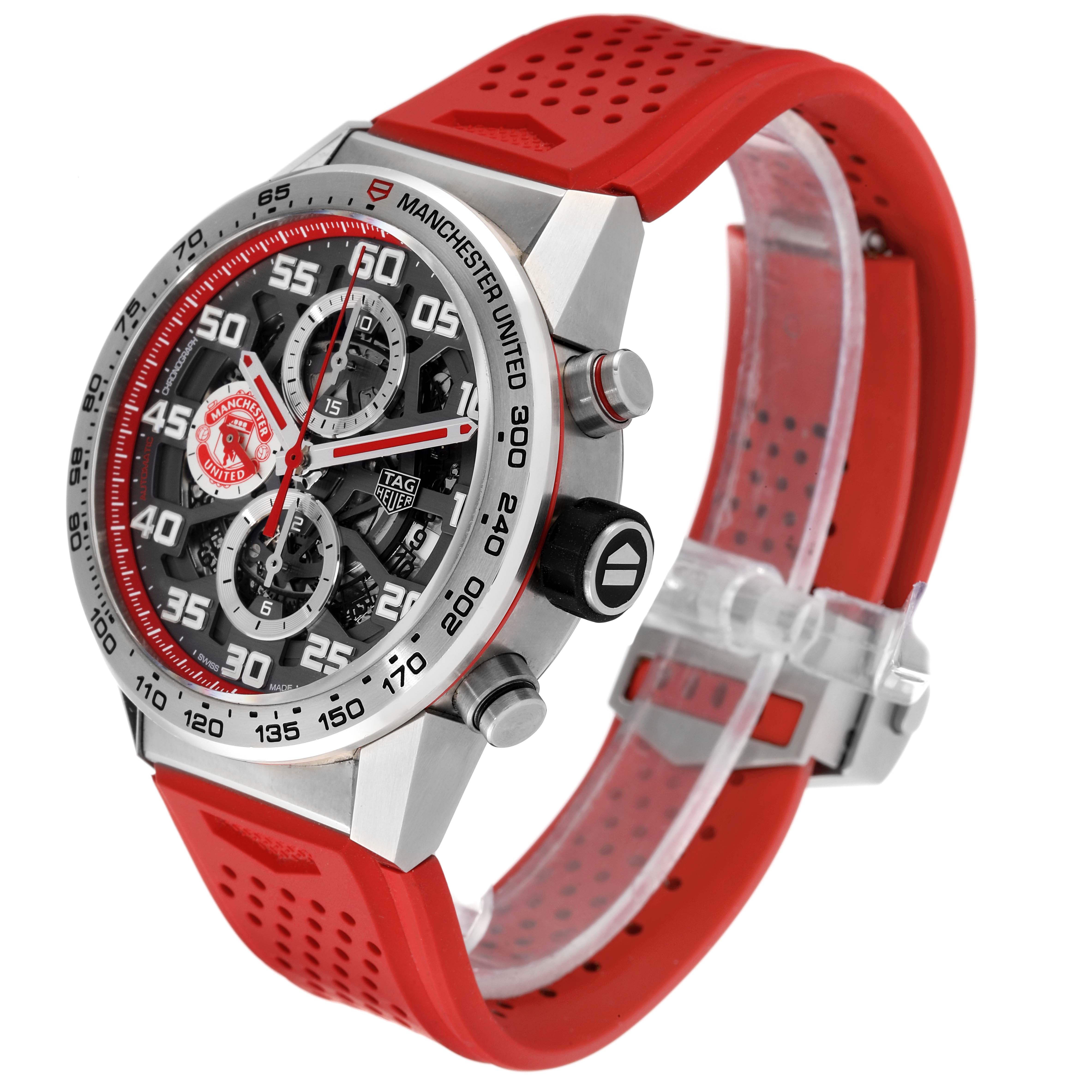 The image shows a side and frontal angle of the Tag Heuer Carrera CAR201M.FT6156 Men's Stainless Steel Silver Dial CAR201M.FT6156 Men's Stainless Steel Silver Dial watch, displaying its red strap and detailed chronograph face.