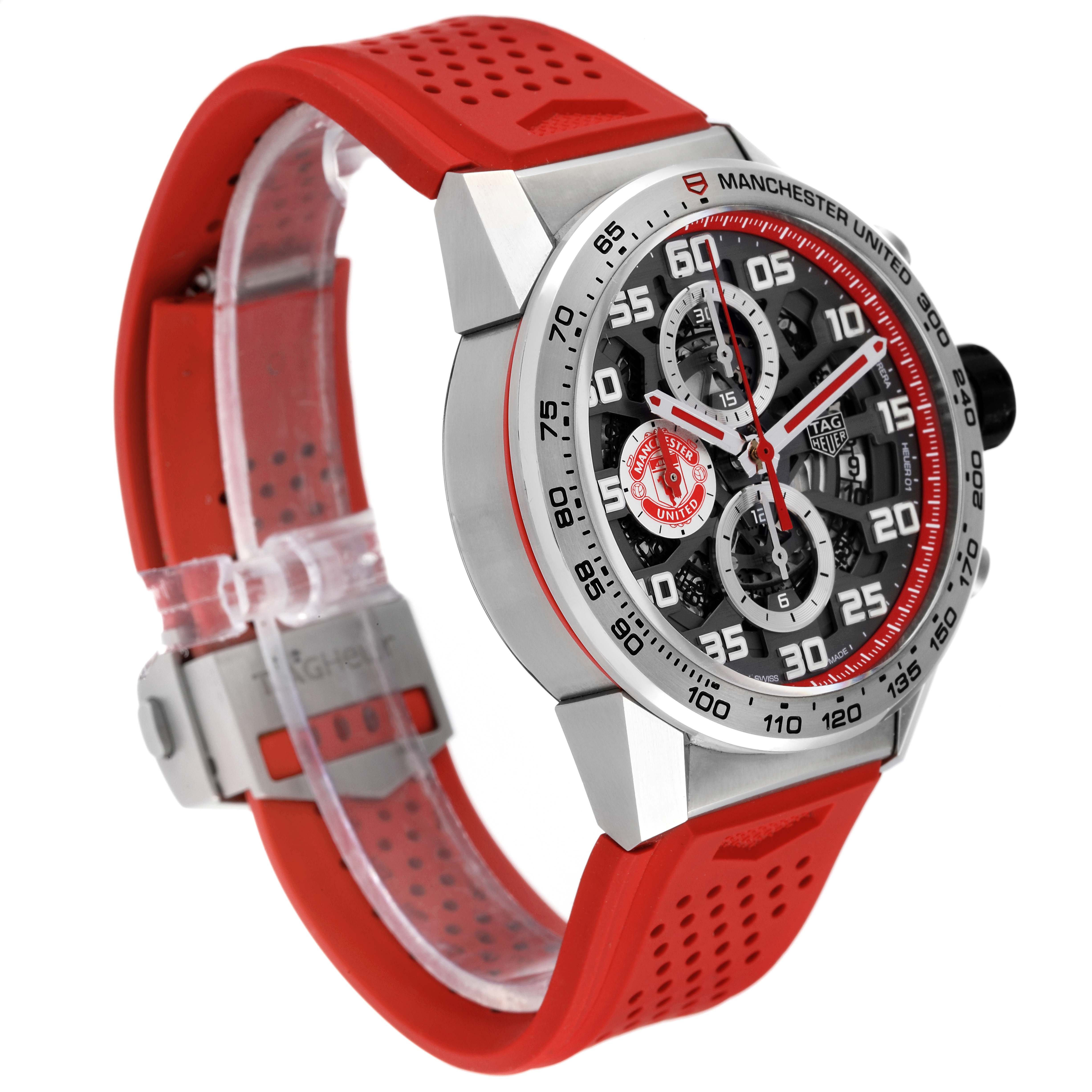 The image shows a side angle of a Tag Heuer Carrera CAR201M.FT6156 Men's Stainless Steel Silver Dial CAR201M.FT6156 Men's Stainless Steel Silver Dial watch featuring a red rubber strap and detailed chronograph face.