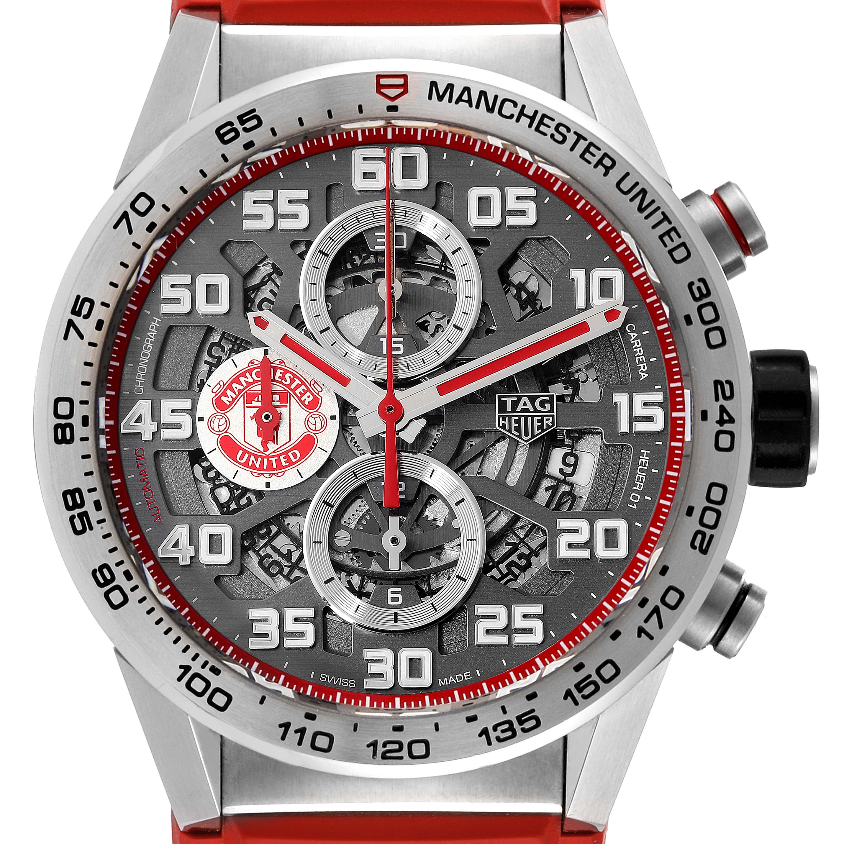 The image shows a front view of the Tag Heuer Carrera CAR201M.FT6156 Men's Stainless Steel Silver Dial CAR201M.FT6156 Men's Stainless Steel Silver Dial watch with a Manchester United theme, showcasing its dial and bezel.