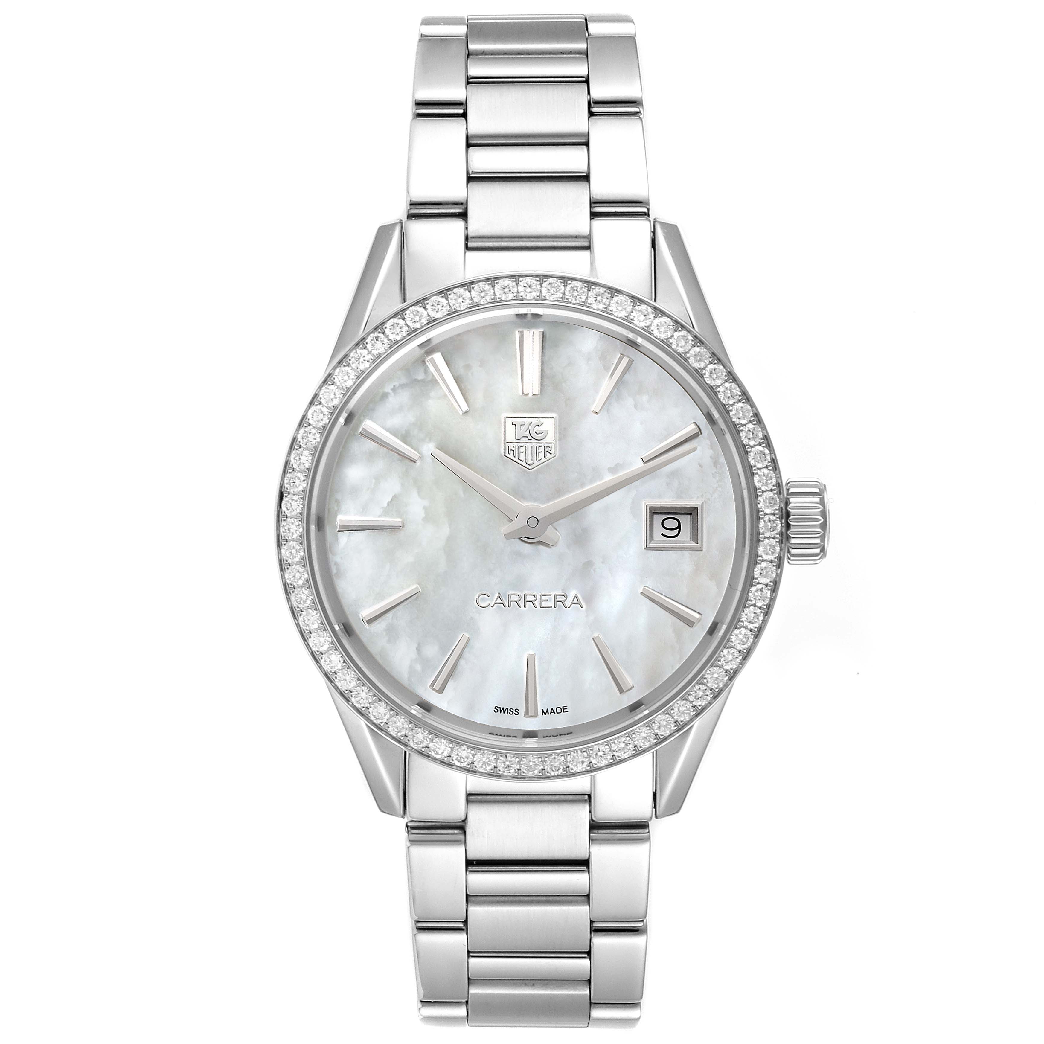 The image shows a front view of a Tag Heuer Carrera WAR1315.BA0778 Women's Stainless Steel Mother of Pearl Dial WAR1315.BA0778 Women's Stainless Steel Mother of Pearl Dial watch featuring a metal bracelet, a mother-of-pearl dial, and a date window at 3 o'clock.