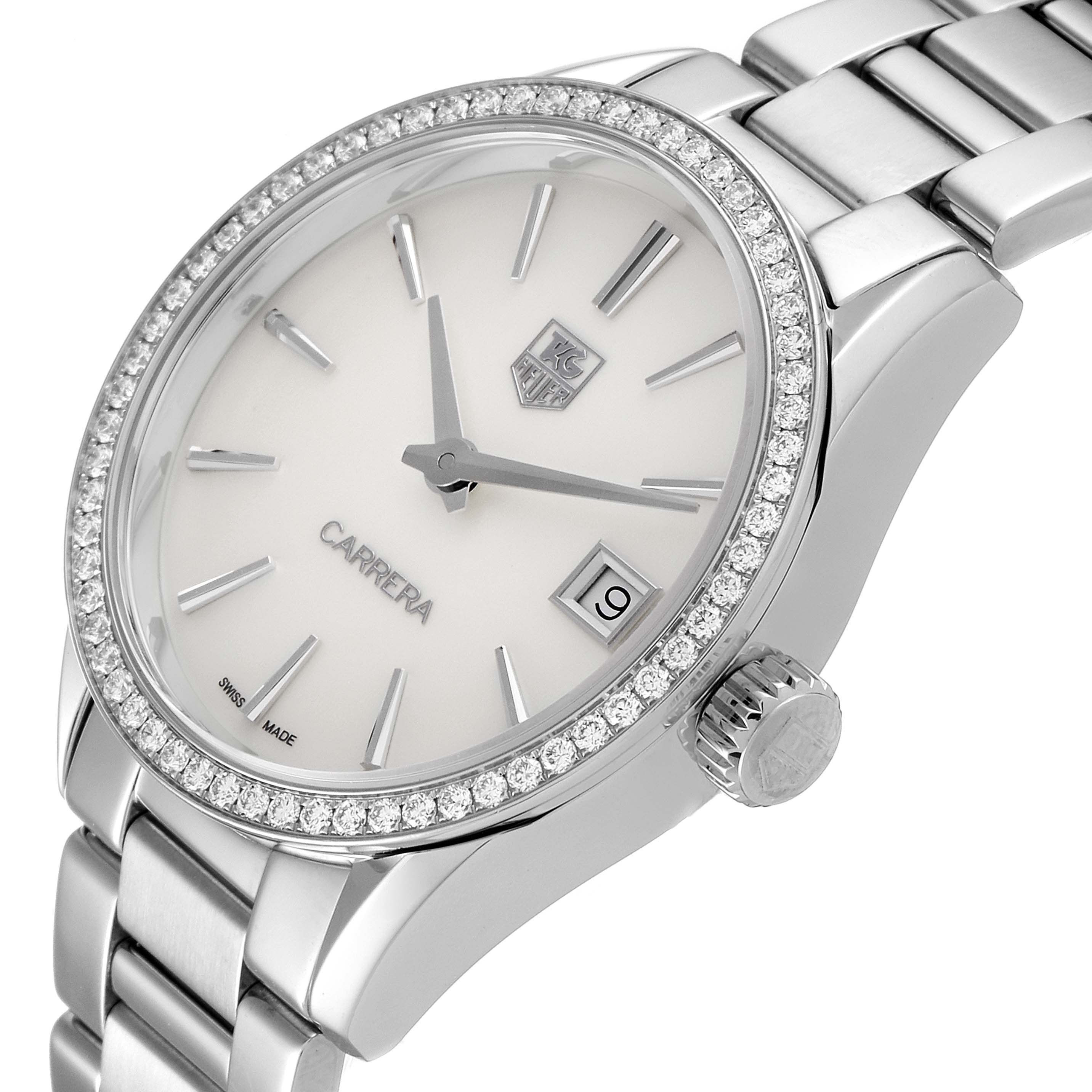 The image shows a side angle of the Tag Heuer Carrera WAR1315.BA0778 Women's Stainless Steel Mother of Pearl Dial WAR1315.BA0778 Women's Stainless Steel Mother of Pearl Dial watch, highlighting its dial, bezel, crown, and part of the bracelet.