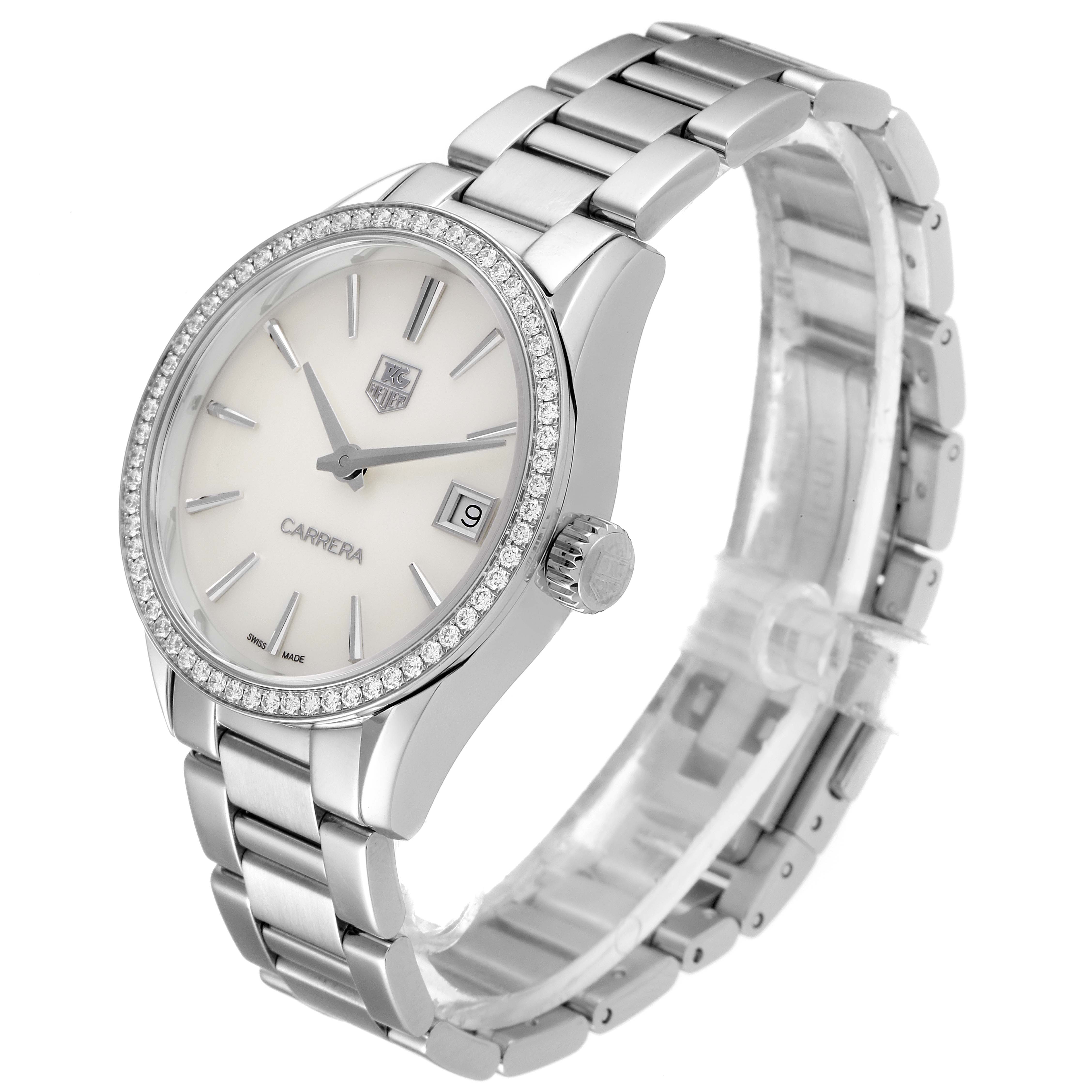 The image shows a Tag Heuer Carrera WAR1315.BA0778 Women's Stainless Steel Mother of Pearl Dial WAR1315.BA0778 Women's Stainless Steel Mother of Pearl Dial watch from an angled side view, displaying the dial, bezel, crown, and bracelet.