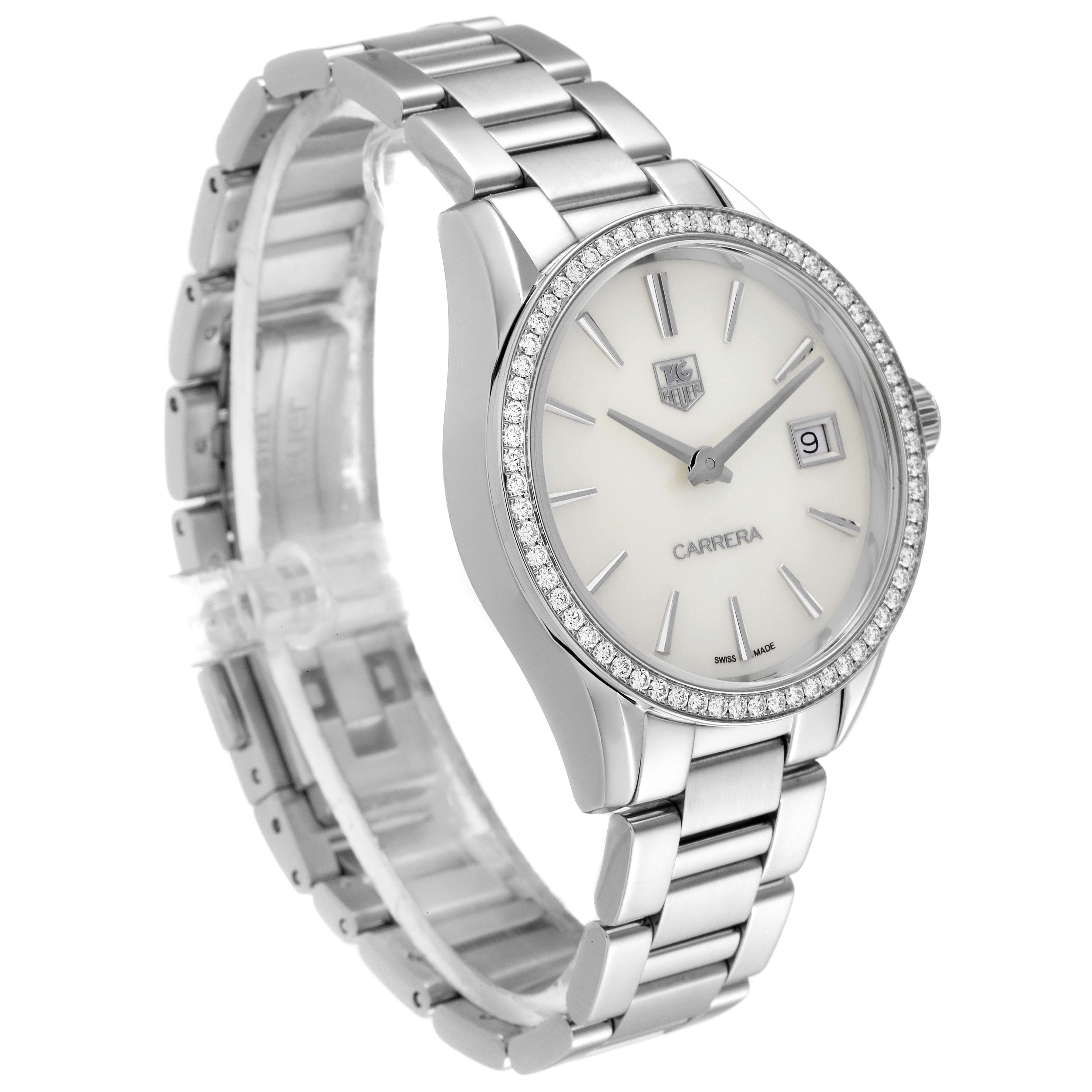 The image shows a side angle of a Tag Heuer Carrera WAR1315.BA0778 Women's Stainless Steel Mother of Pearl Dial WAR1315.BA0778 Women's Stainless Steel Mother of Pearl Dial watch, highlighting the face, bezel, case, and bracelet.