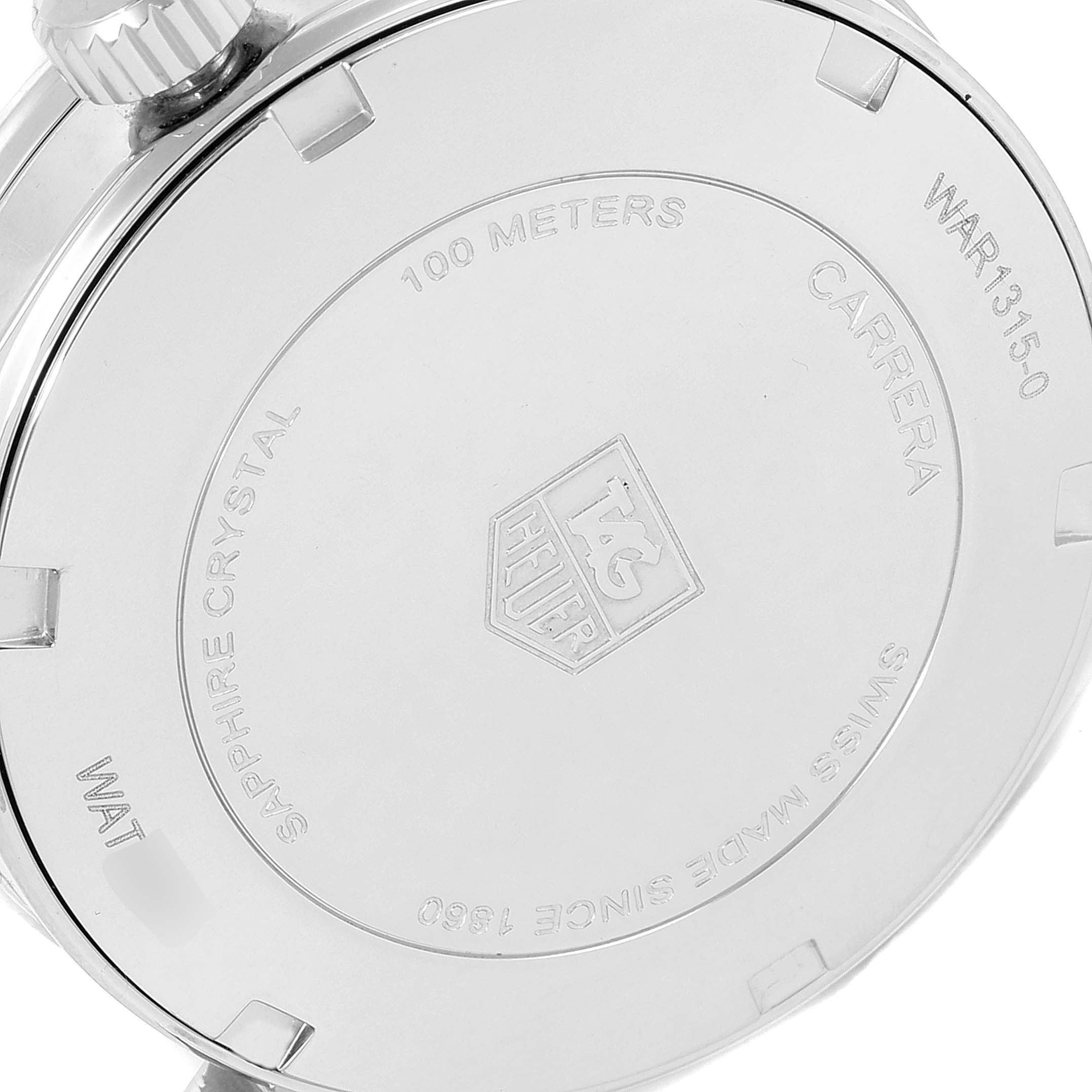 The image shows the back case of a Tag Heuer Carrera WAR1315.BA0778 Women's Stainless Steel Mother of Pearl Dial WAR1315.BA0778 Women's Stainless Steel Mother of Pearl Dial watch, displaying the brand logo and model details.