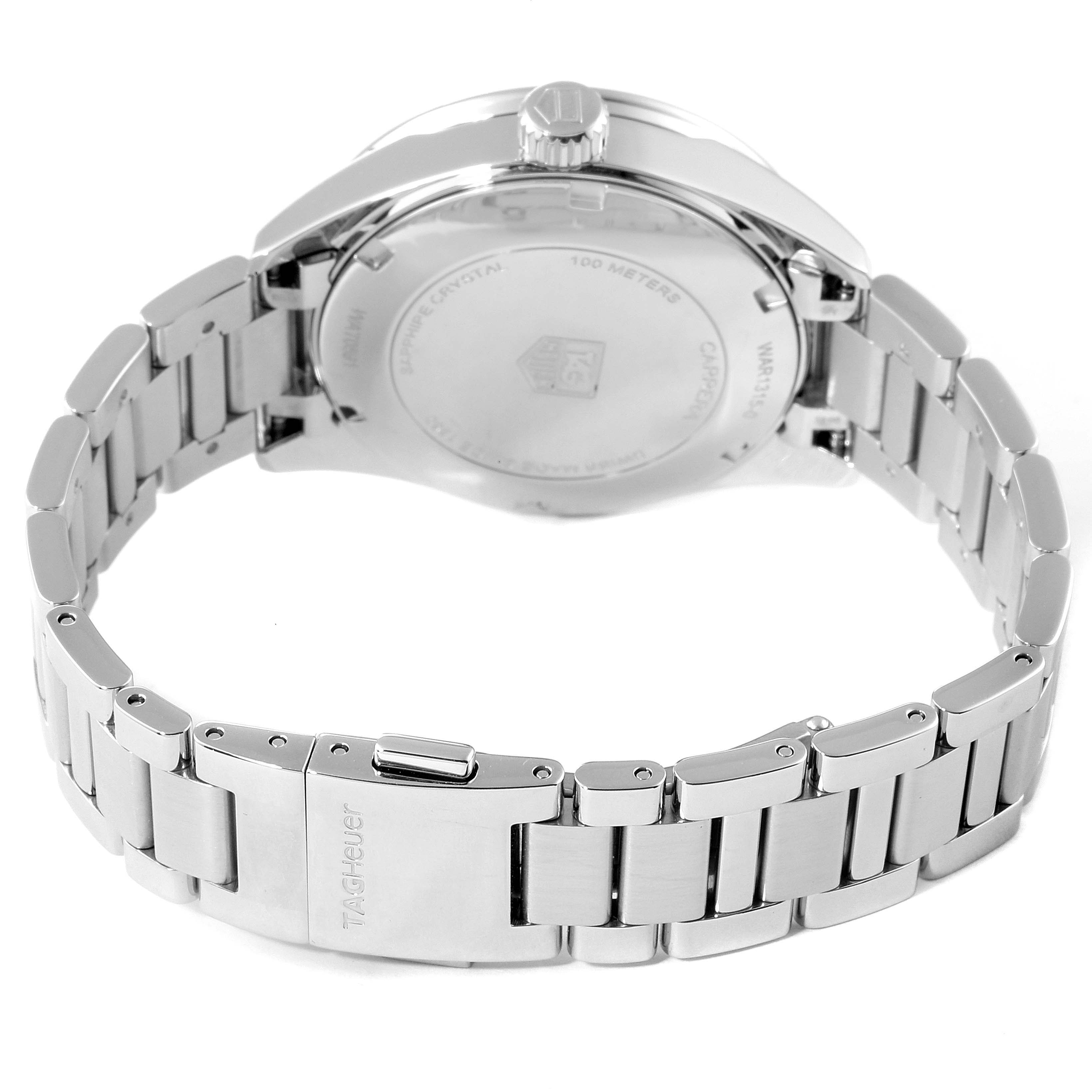 The image shows the back and bracelet of a Tag Heuer Carrera WAR1315.BA0778 Women's Stainless Steel Mother of Pearl Dial WAR1315.BA0778 Women's Stainless Steel Mother of Pearl Dial watch.
