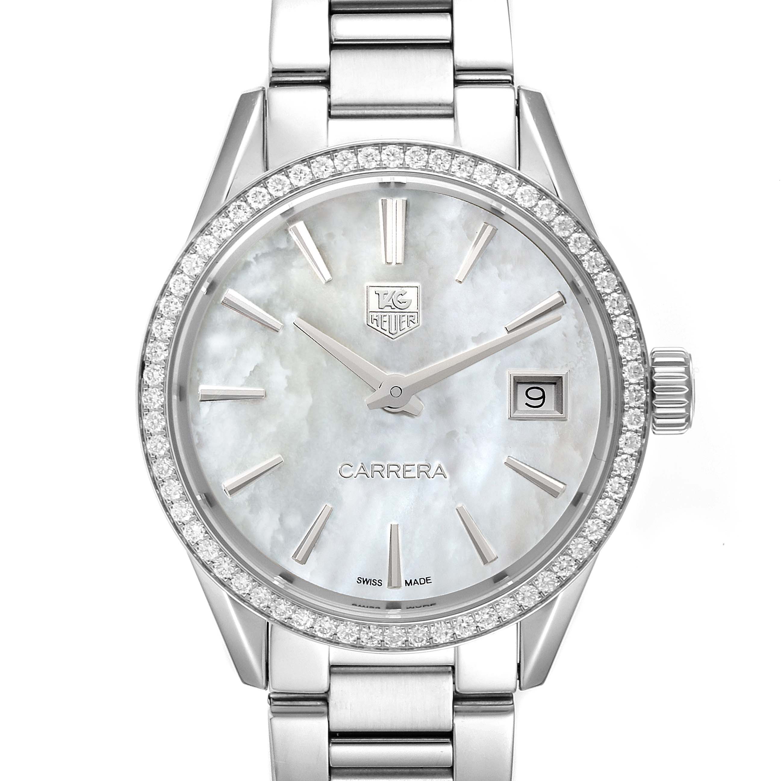 The image shows a front view of a Tag Heuer Carrera WAR1315.BA0778 Women's Stainless Steel Mother of Pearl Dial WAR1315.BA0778 Women's Stainless Steel Mother of Pearl Dial watch, displaying the dial, hands, date window, and bracelet.