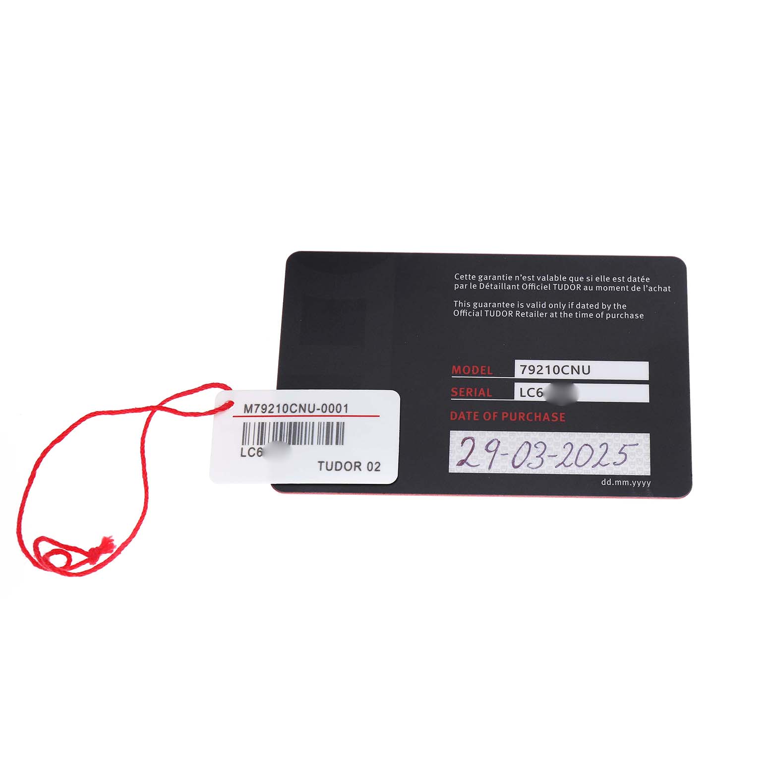 The image shows a warranty card for the Tudor Heritage Black Bay M79210CNU Men's Ceramic Black Dial watch, featuring model, serial number, and purchase date info.