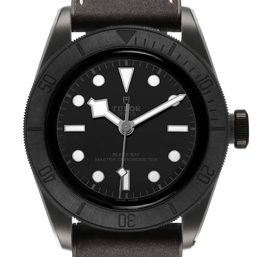 The Tudor Heritage Black Bay M79210CNU Men's Ceramic Black Dial watch is shown from a frontal angle, highlighting its dial, bezel, and crown.