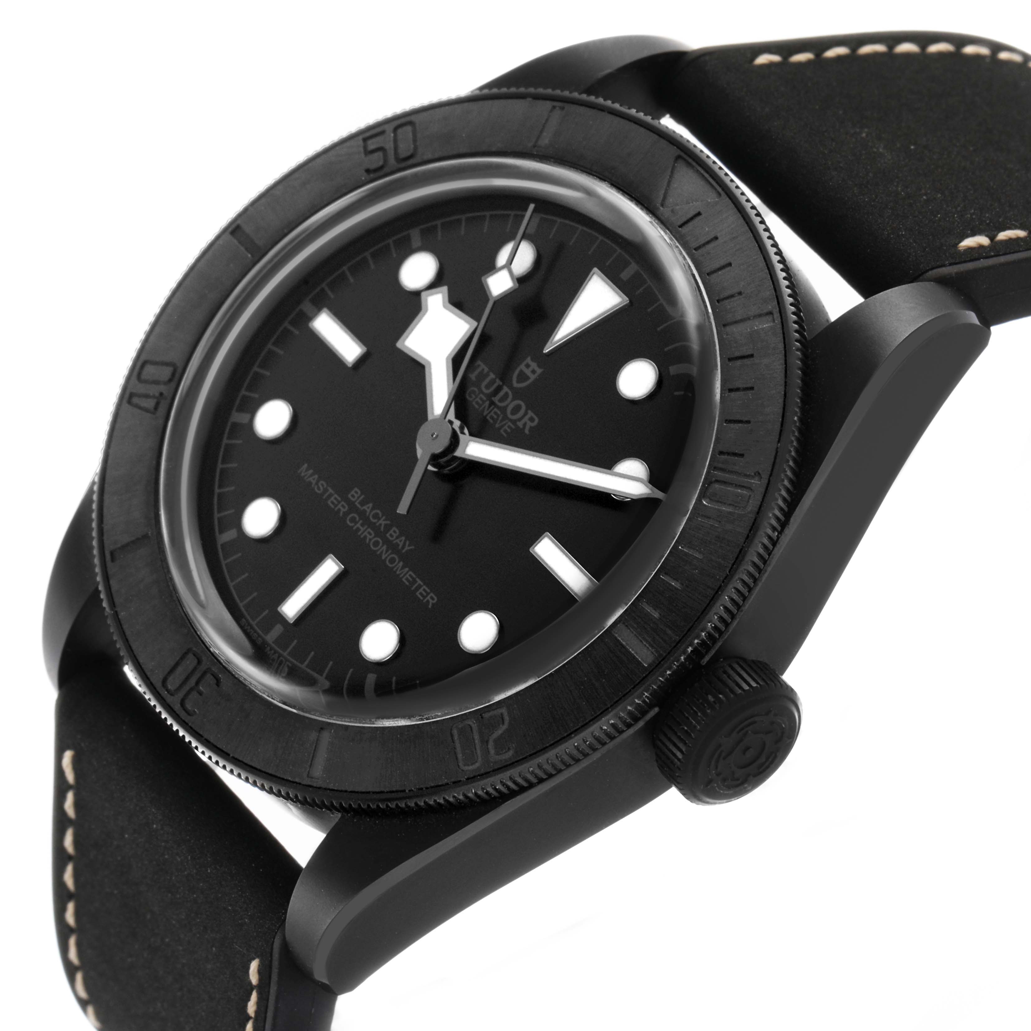 The Tudor Heritage Black Bay M79210CNU Men's Ceramic Black Dial watch is shown at a slight angle, highlighting the dial, bezel, and part of the strap and crown.