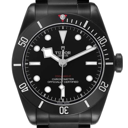 The image shows a front view of the Tudor Heritage Black Bay 79230DK Men's Stainless Steel Black Dial watch, highlighting the dial, bezel, and crown.