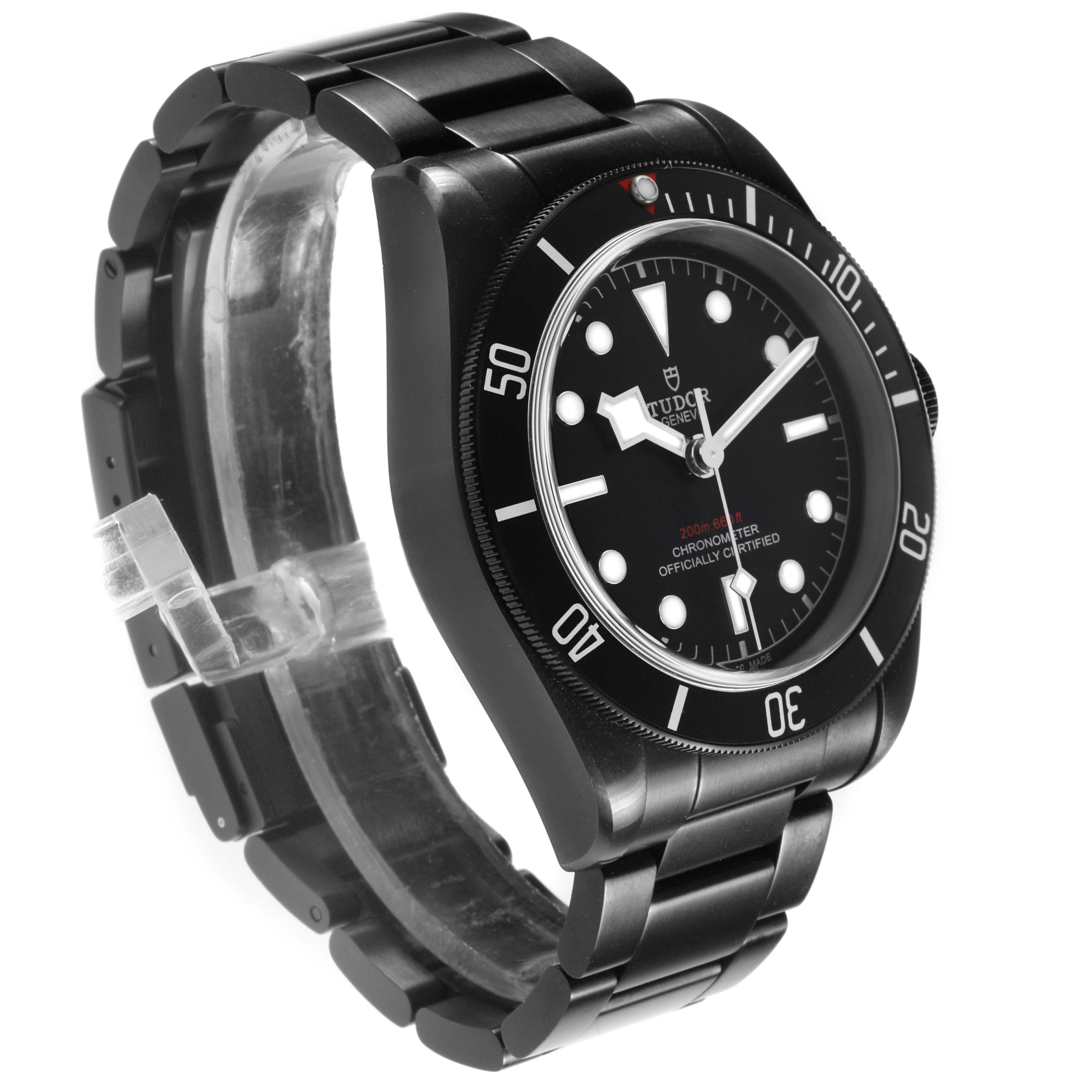 The image shows a Tudor Heritage Black Bay 79230DK Men's Stainless Steel Black Dial watch at a three-quarter angle highlighting the dial, bezel, and bracelet.