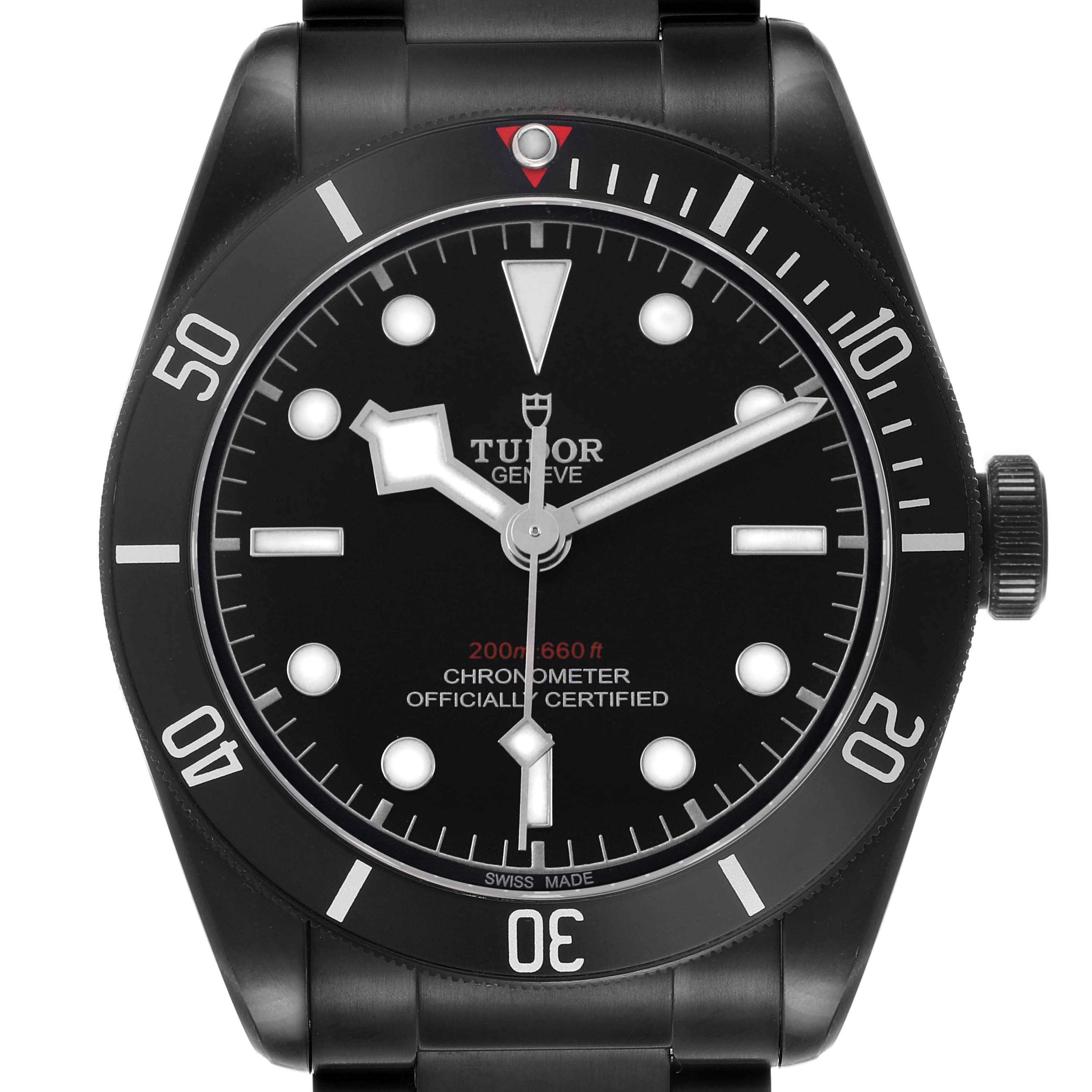 The image shows a front view of the Tudor Heritage Black Bay 79230DK Men's Stainless Steel Black Dial watch, highlighting the dial, bezel, and crown.