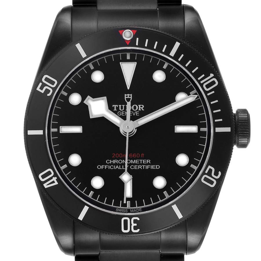 The image shows a front view of the Tudor Heritage Black Bay 79230DK Men's Stainless Steel Black Dial watch, highlighting the dial, bezel, and crown.