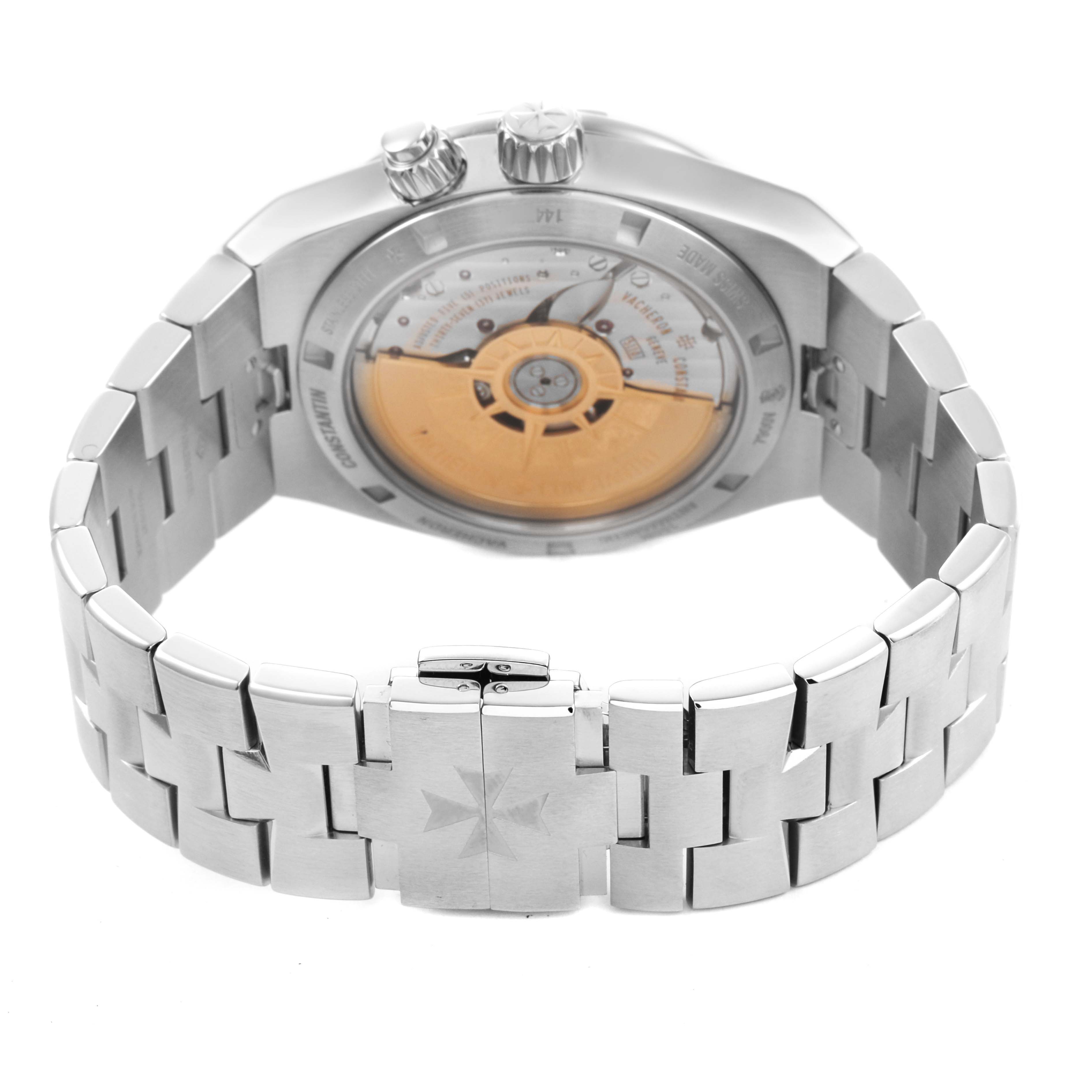 The image shows the back and bracelet of the Vacheron Constantin Overseas 7900V/110A-B334 Men's Stainless Steel Blue Dial model, highlighting the movement and clasp.