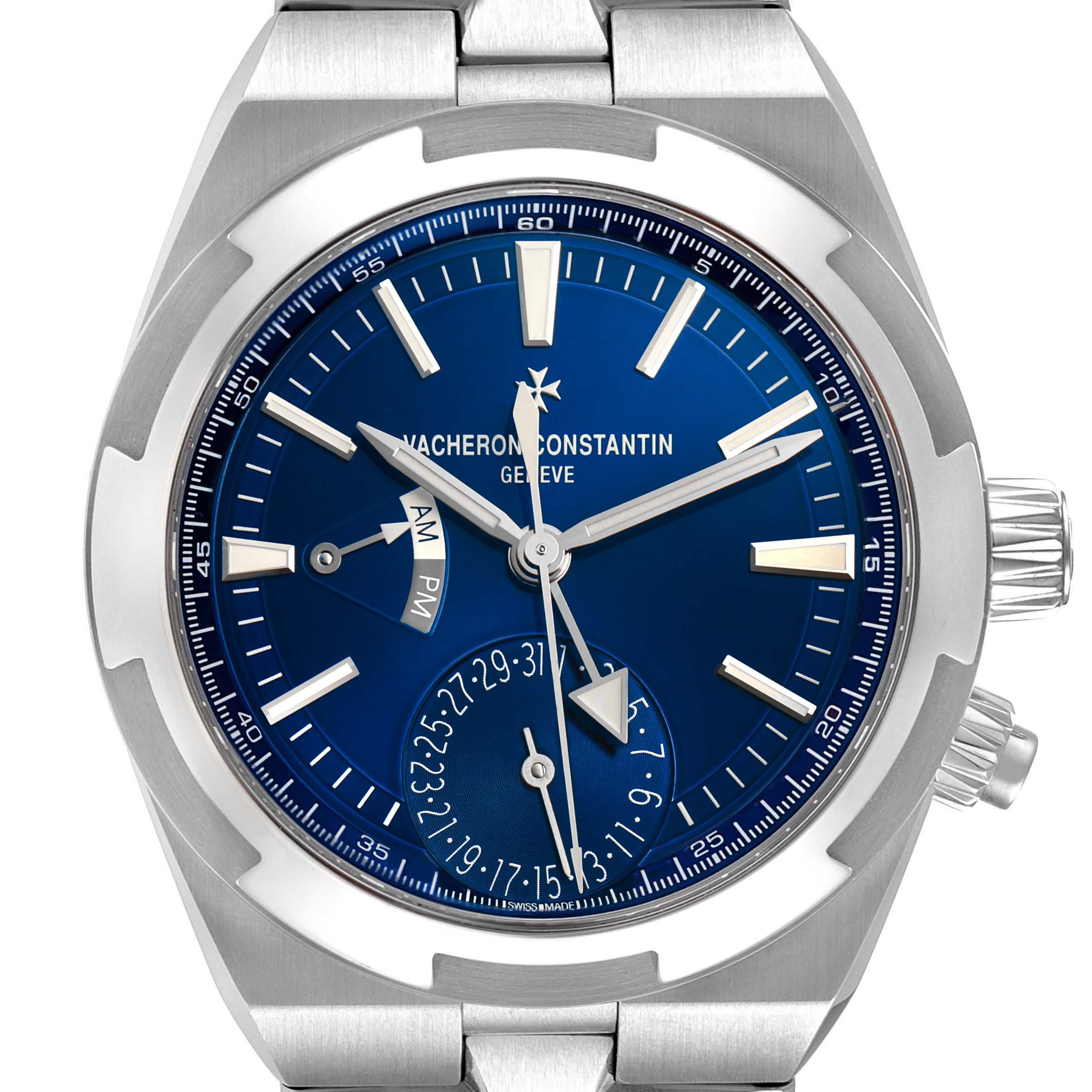 The Vacheron Constantin Overseas 7900V/110A-B334 Men's Stainless Steel Blue Dial watch is shown from the front, highlighting its blue dial, hands, markers, and crown.