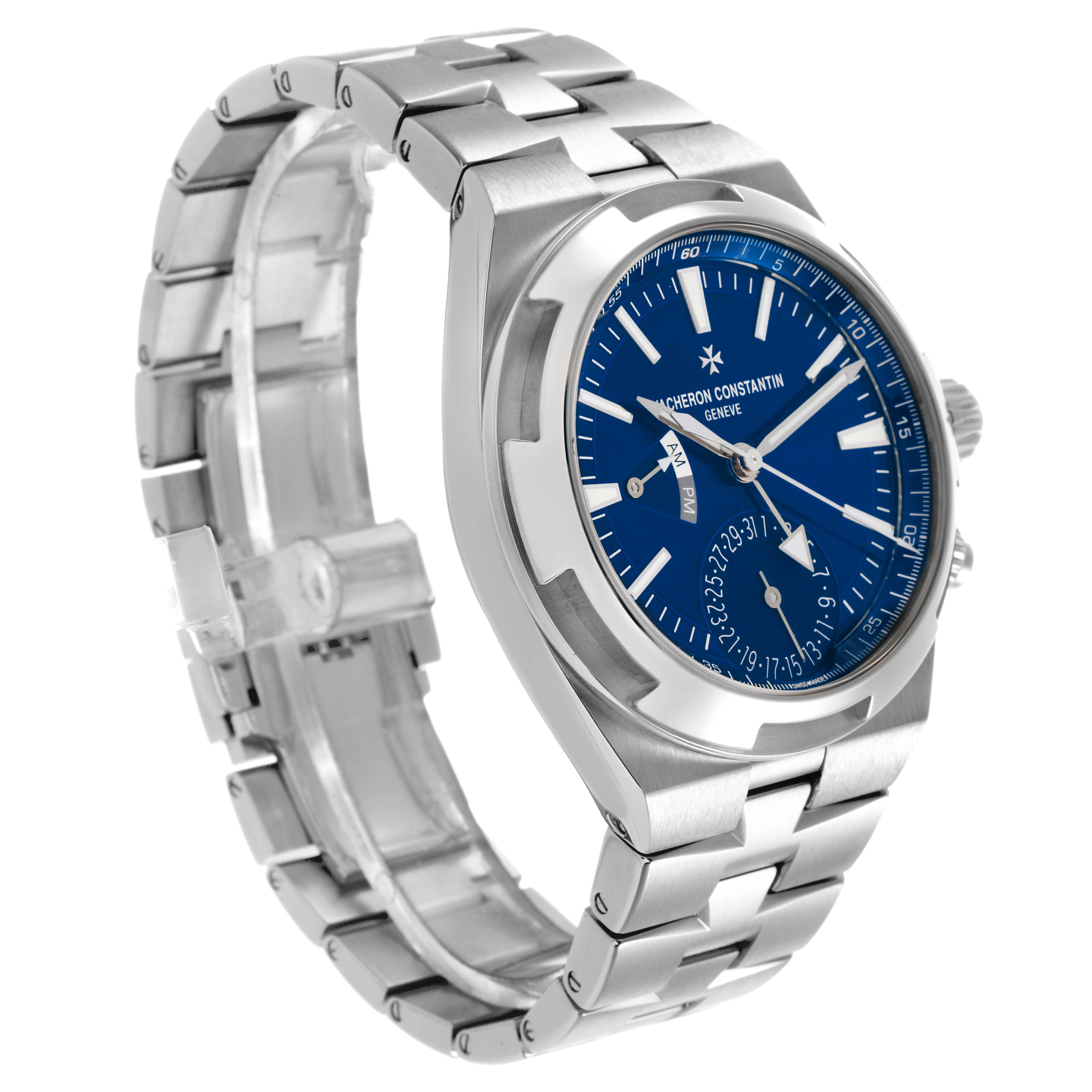 The Vacheron Constantin Overseas 7900V/110A-B334 Men's Stainless Steel Blue Dial watch is shown at a three-quarter angle highlighting its blue dial, case, and bracelet.