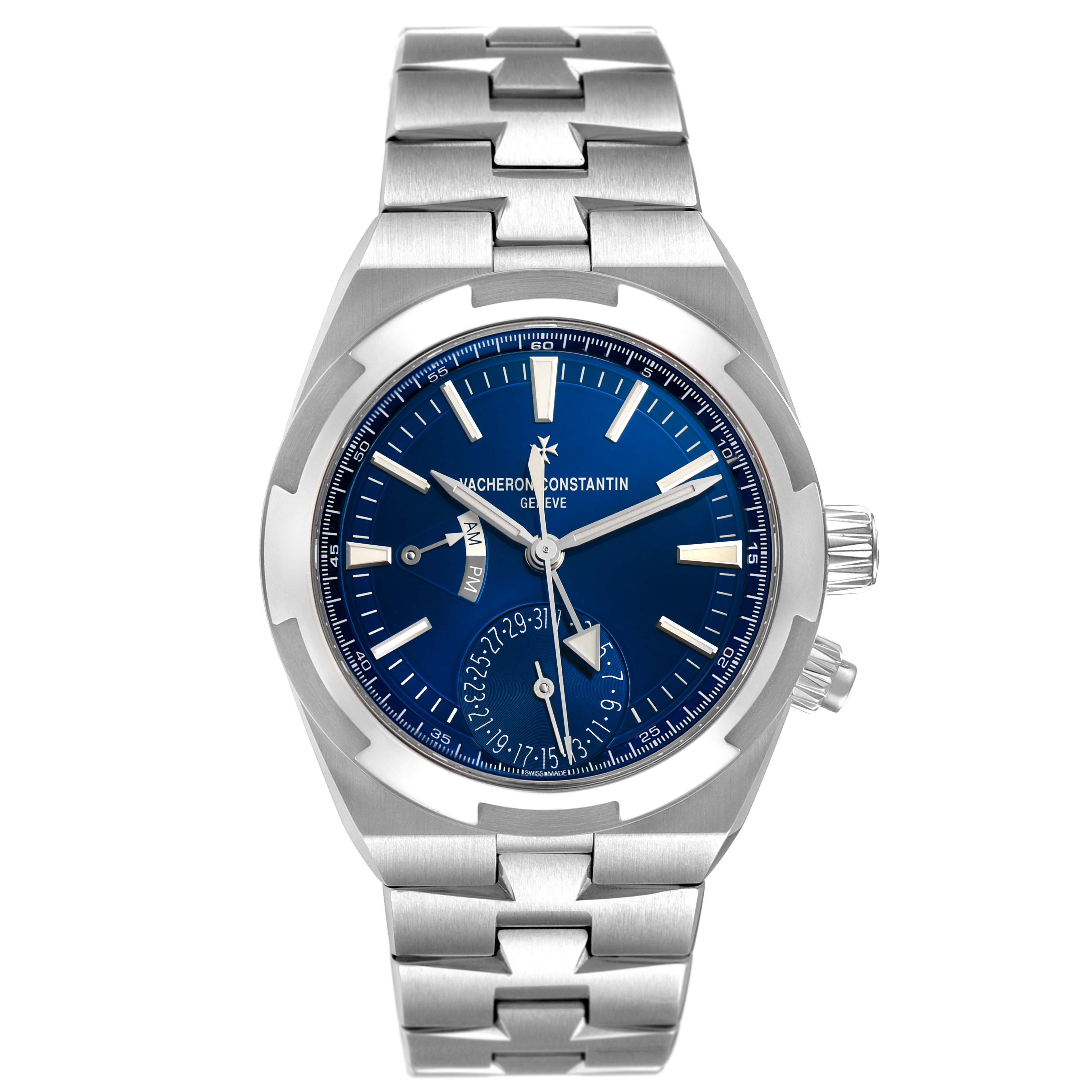 The Vacheron Constantin Overseas 7900V/110A-B334 Men's Stainless Steel Blue Dial watch is shown from a top-down angle, displaying its blue dial and metal bracelet.