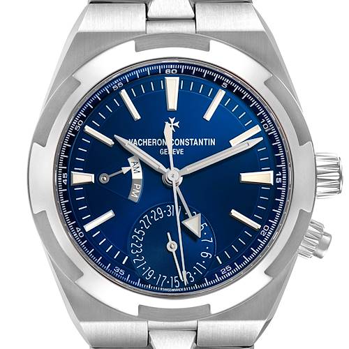 The Vacheron Constantin Overseas 7900V/110A-B334 Men's Stainless Steel Blue Dial watch is shown from the front, displaying its blue dial, hands, markers, and sub-dials.