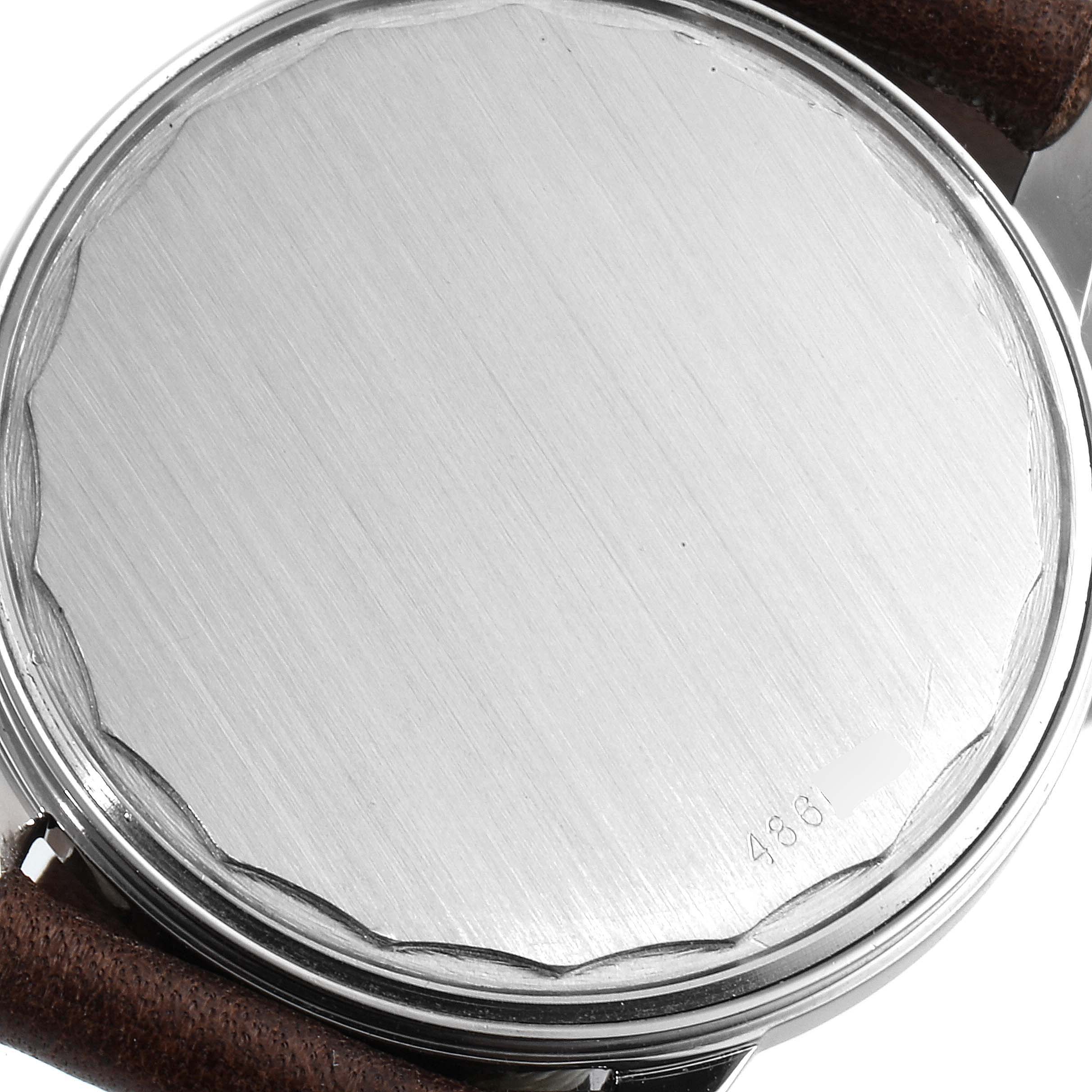 This image shows the back case of a Vacheron Constantin Patrimony 7592 Men's Stainless Steel Silver Dial 7592 Men's Stainless Steel Silver Dial watch at a close-up angle, highlighting the brushed metal finish.