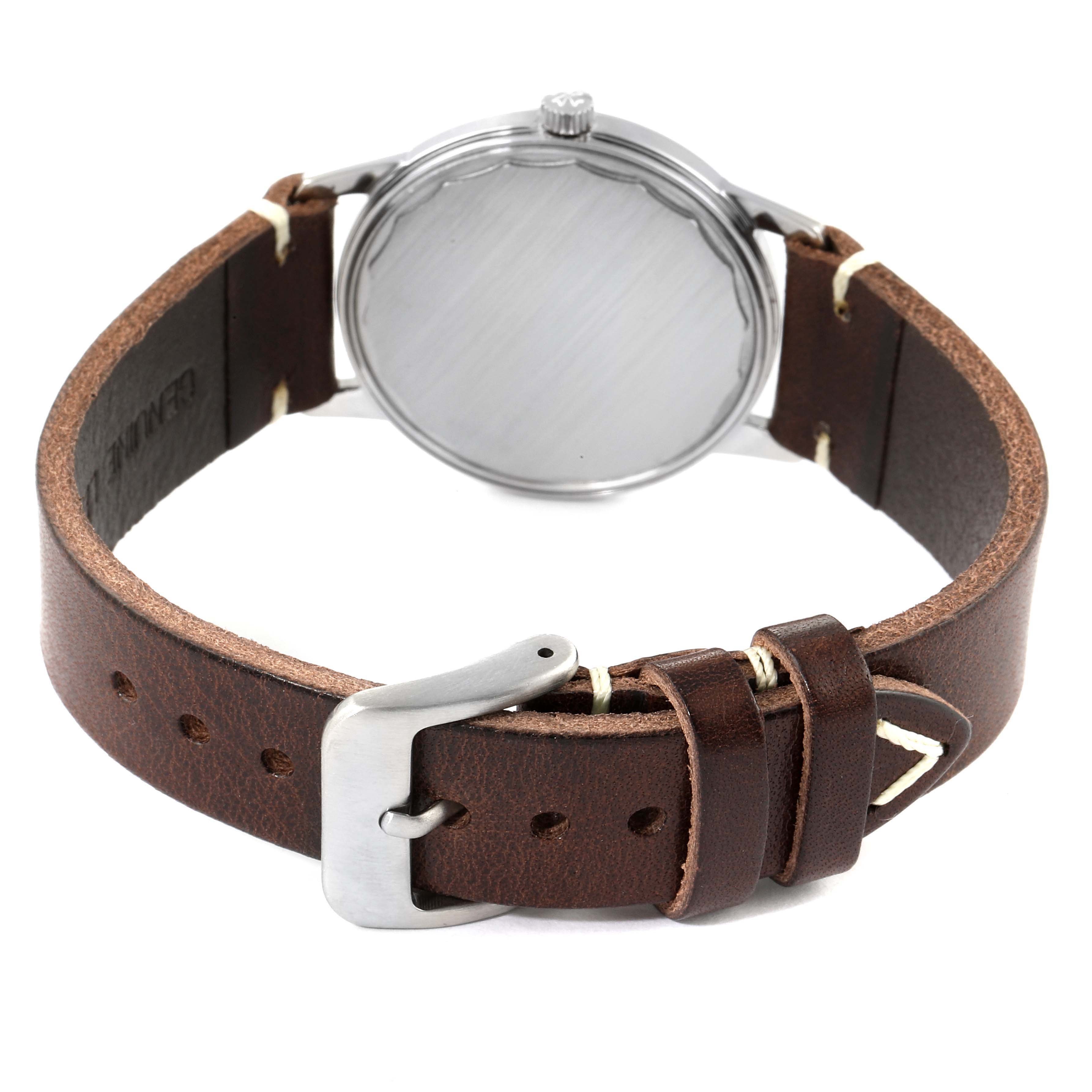 The image shows the back case and leather strap of a Vacheron Constantin Patrimony 7592 Men's Stainless Steel Silver Dial 7592 Men's Stainless Steel Silver Dial watch from a rear angle.