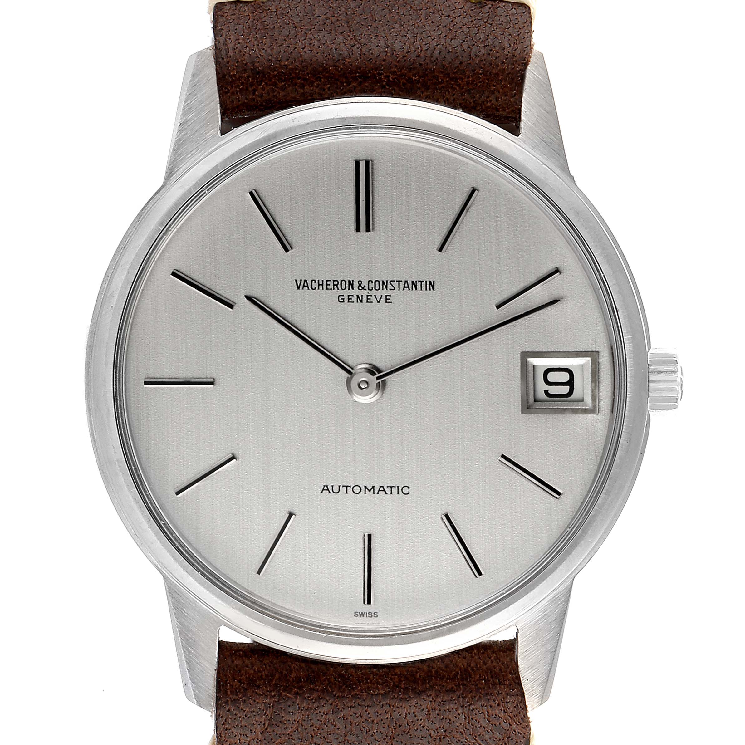 The Vacheron Constantin Patrimony 7592 Men's Stainless Steel Silver Dial 7592 Men's Stainless Steel Silver Dial watch is shown from a front angle, displaying its dial, hour markers, hands, date window, and part of its brown leather strap.