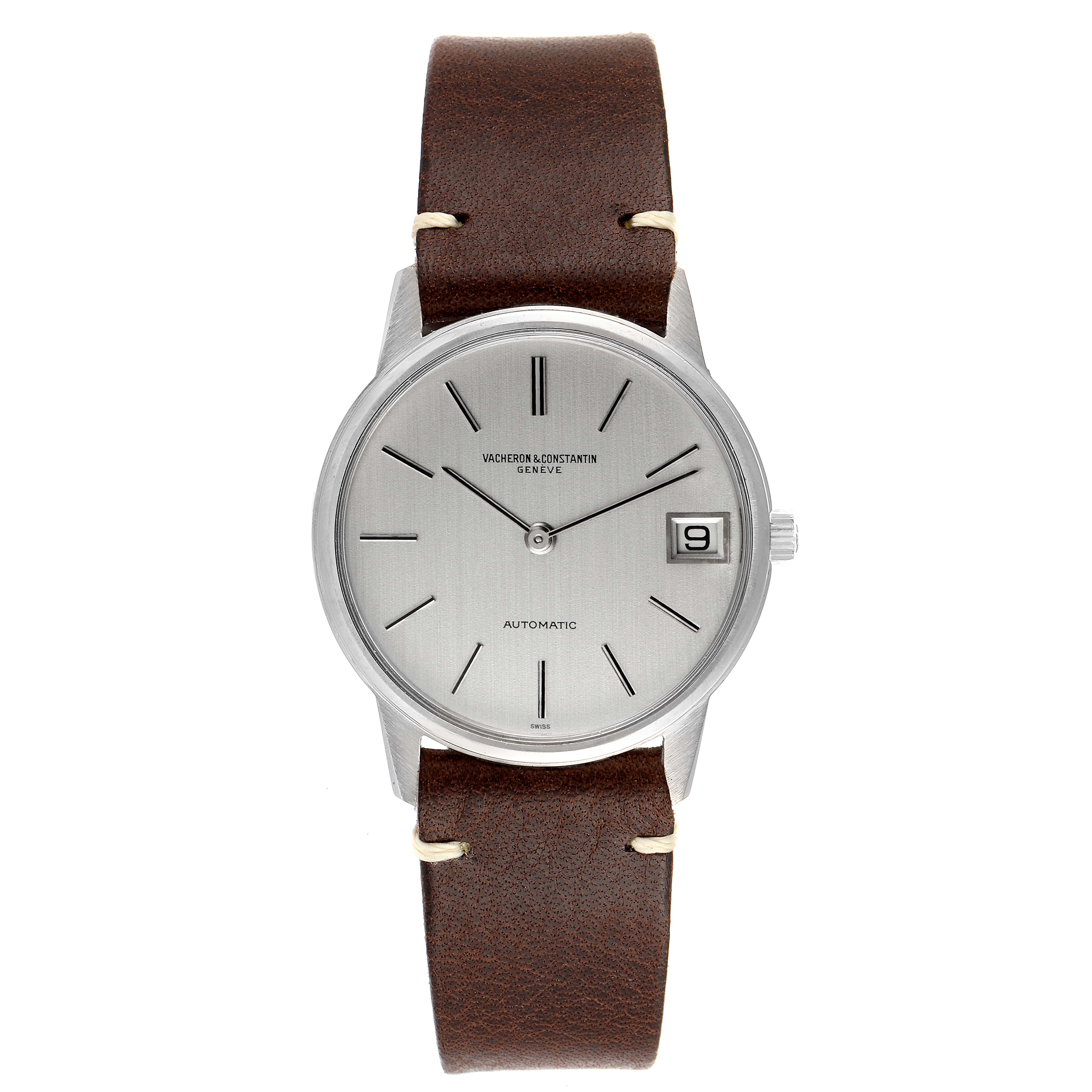 This image shows a frontal view of the Vacheron Constantin Patrimony 7592 Men's Stainless Steel Silver Dial 7592 Men's Stainless Steel Silver Dial watch with a brown leather strap and a date display.