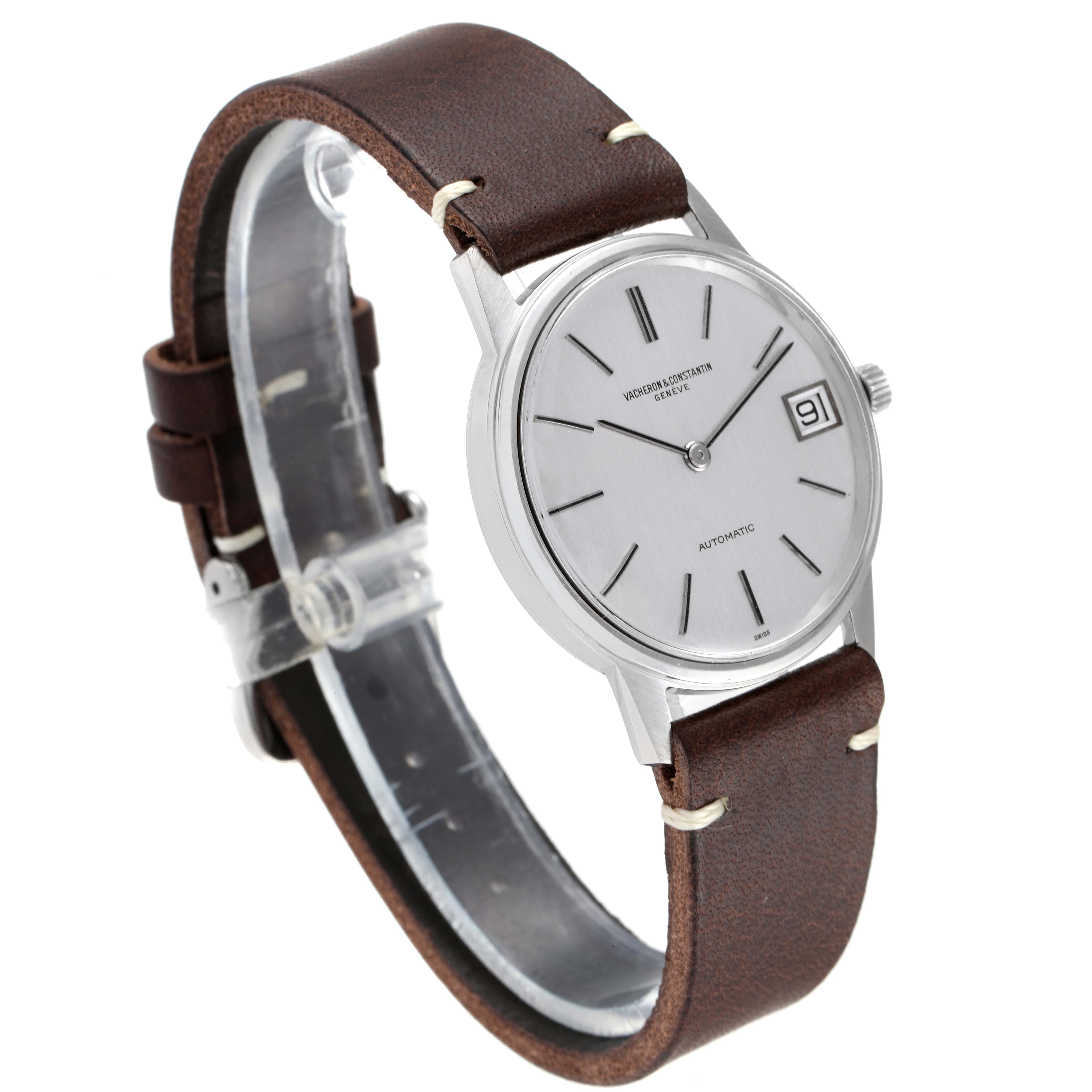 The image shows the Vacheron Constantin Patrimony 7592 Men's Stainless Steel Silver Dial 7592 Men's Stainless Steel Silver Dial watch at a three-quarter angle, highlighting its face, date display, and brown leather strap.