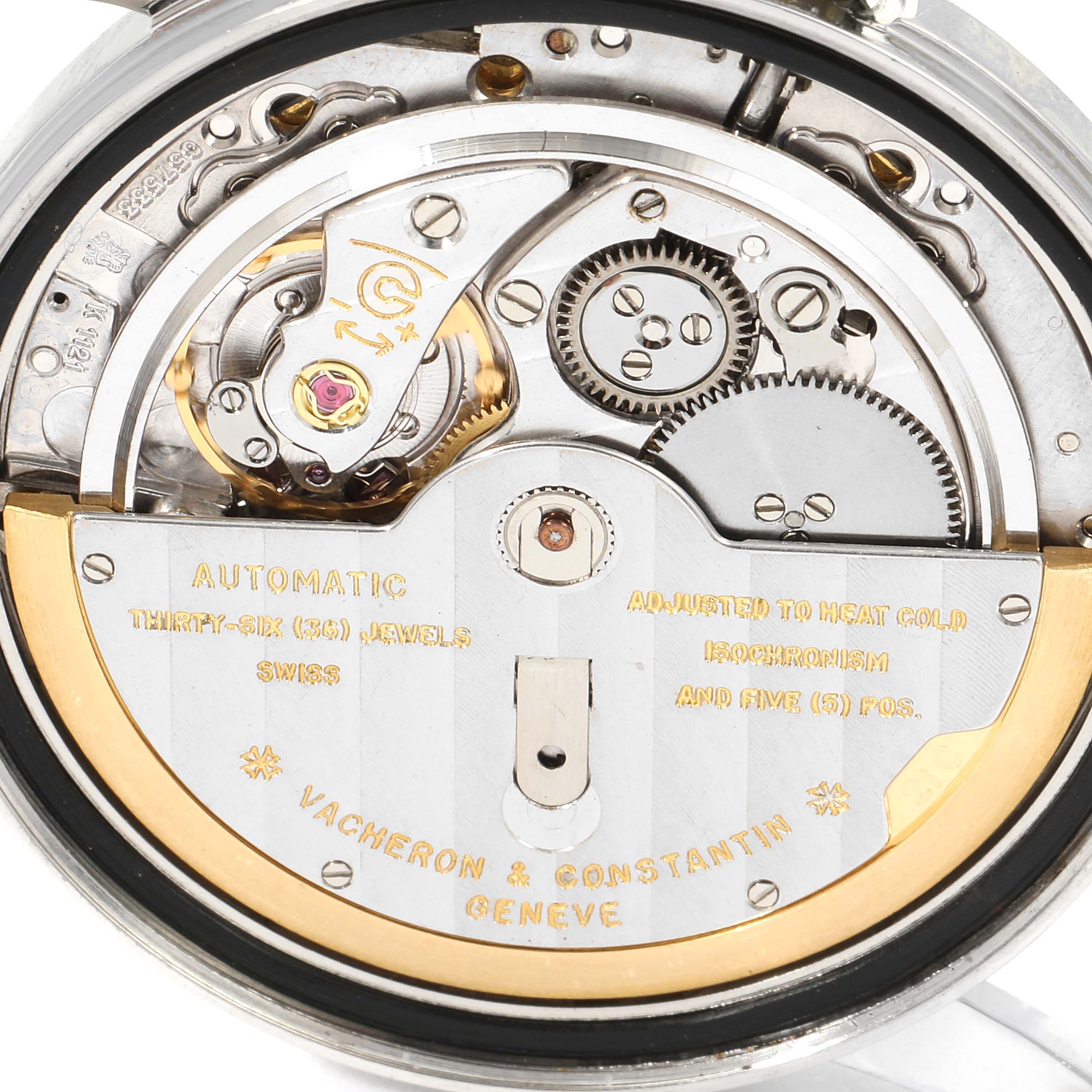 This is a detailed close-up view of the movement of a Vacheron Constantin Patrimony 7592 Men's Stainless Steel Silver Dial 7592 Men's Stainless Steel Silver Dial watch.