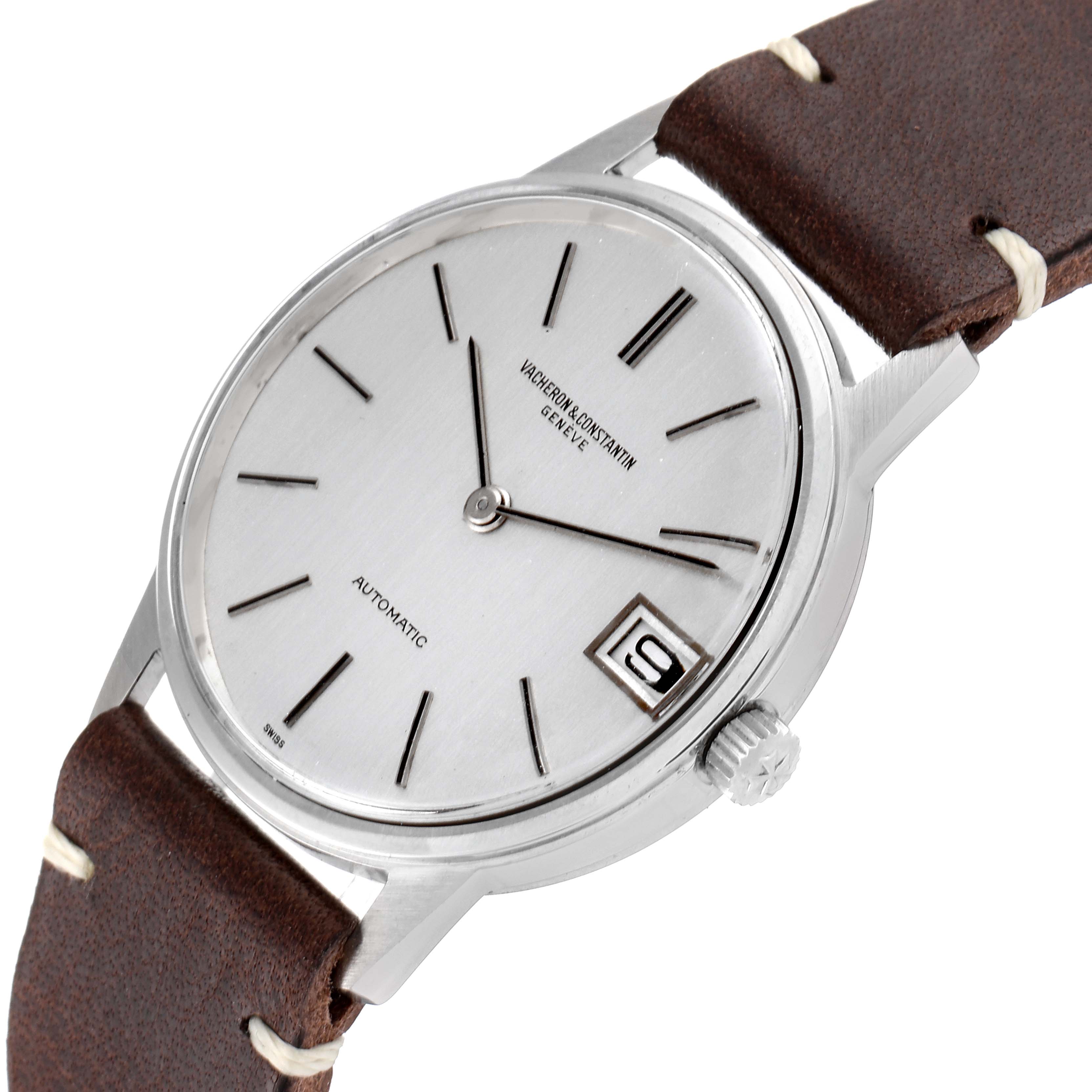 The image shows a close-up angle of the Vacheron Constantin Patrimony 7592 Men's Stainless Steel Silver Dial 7592 Men's Stainless Steel Silver Dial watch, highlighting the dial, crown, and leather strap.