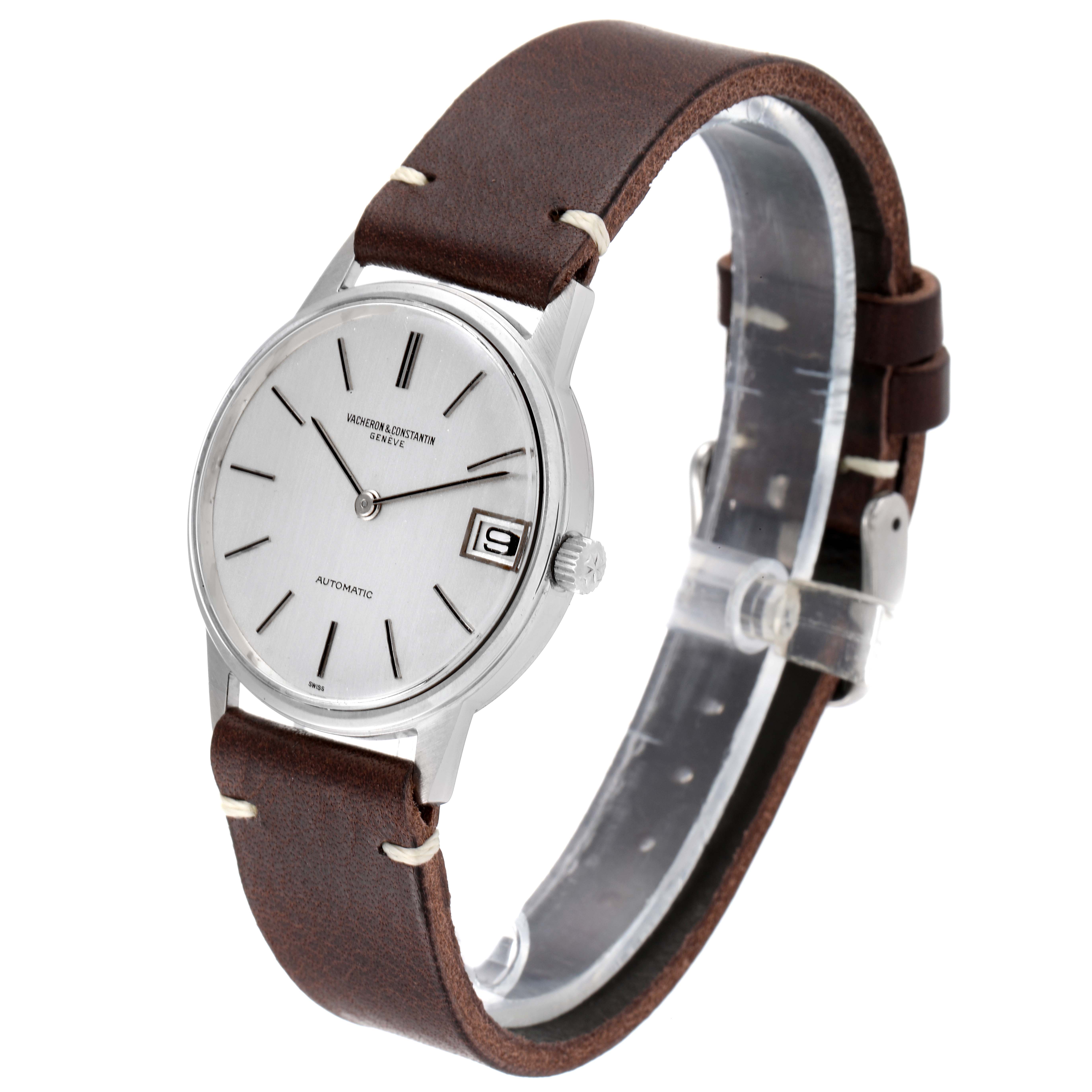 The image shows a Vacheron Constantin Patrimony 7592 Men's Stainless Steel Silver Dial 7592 Men's Stainless Steel Silver Dial watch from a front-left angle, displaying the face, crown, and brown leather strap.