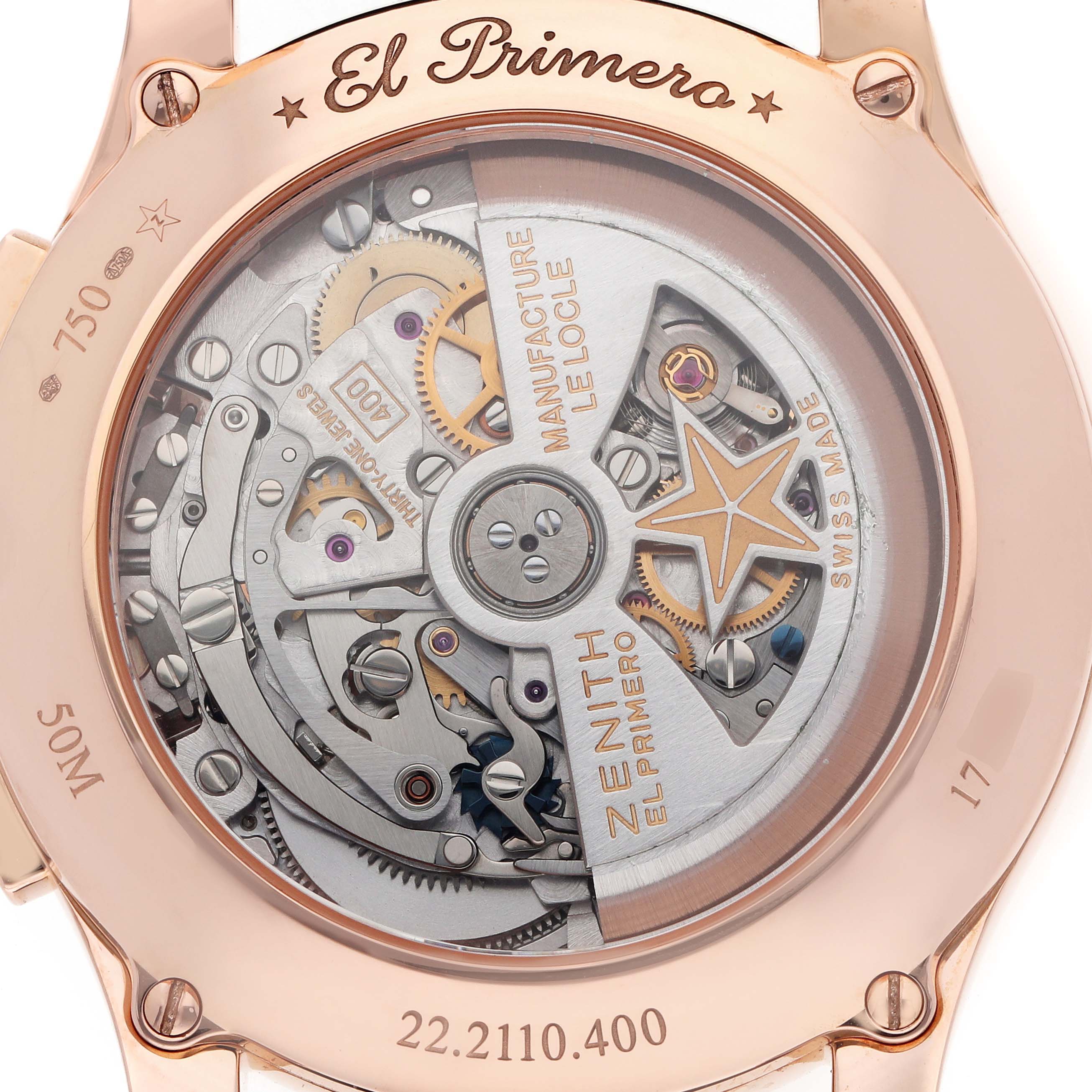 The image shows the back of a Zenith El Primero 22.2110.400 Men
s Rose Gold Silver Dial watch, highlighting the movement mechanism and brand engraving.