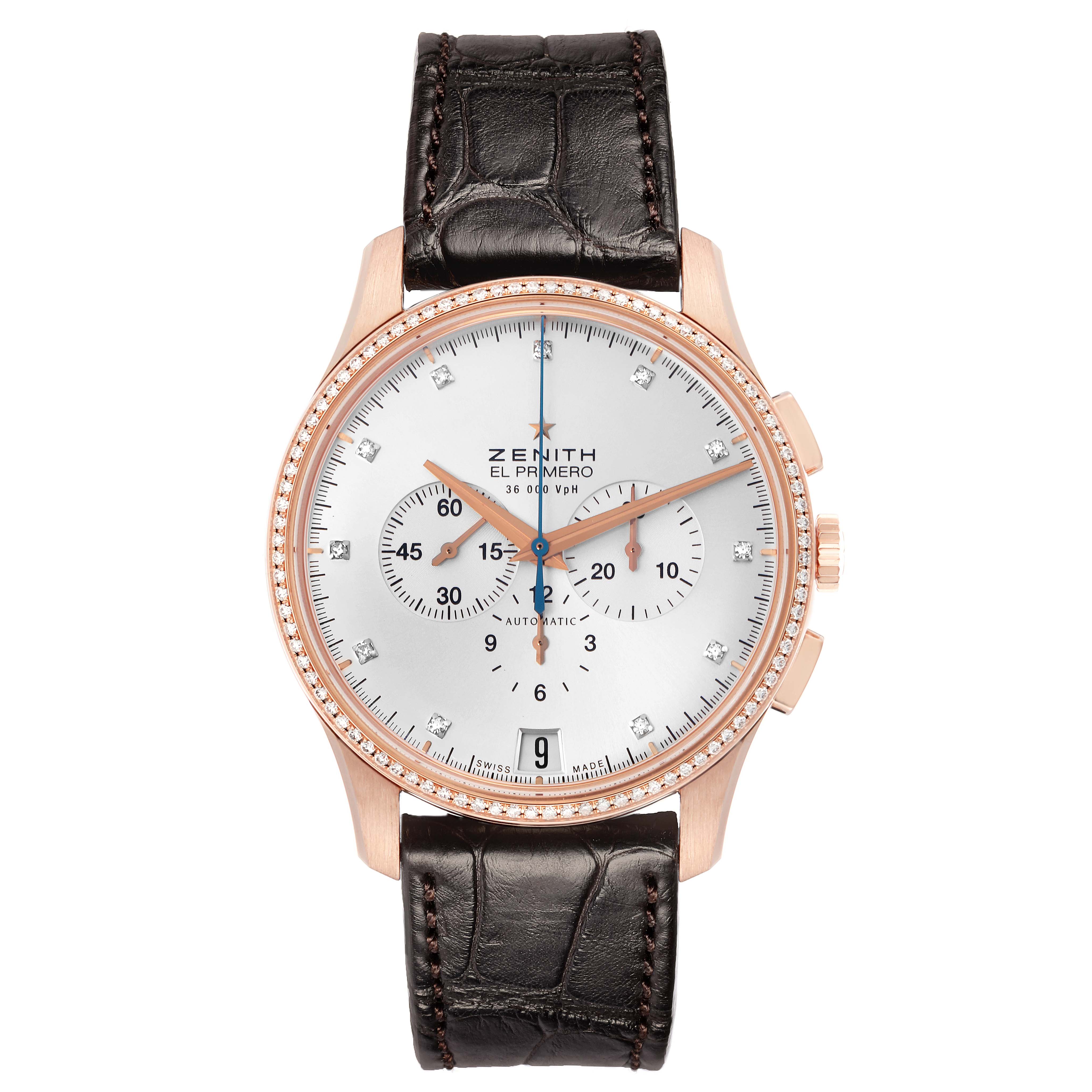 The Zenith El Primero 22.2110.400 Men
s Rose Gold Silver Dial watch is shown from the front, displaying the face, dial, case, and leather strap.