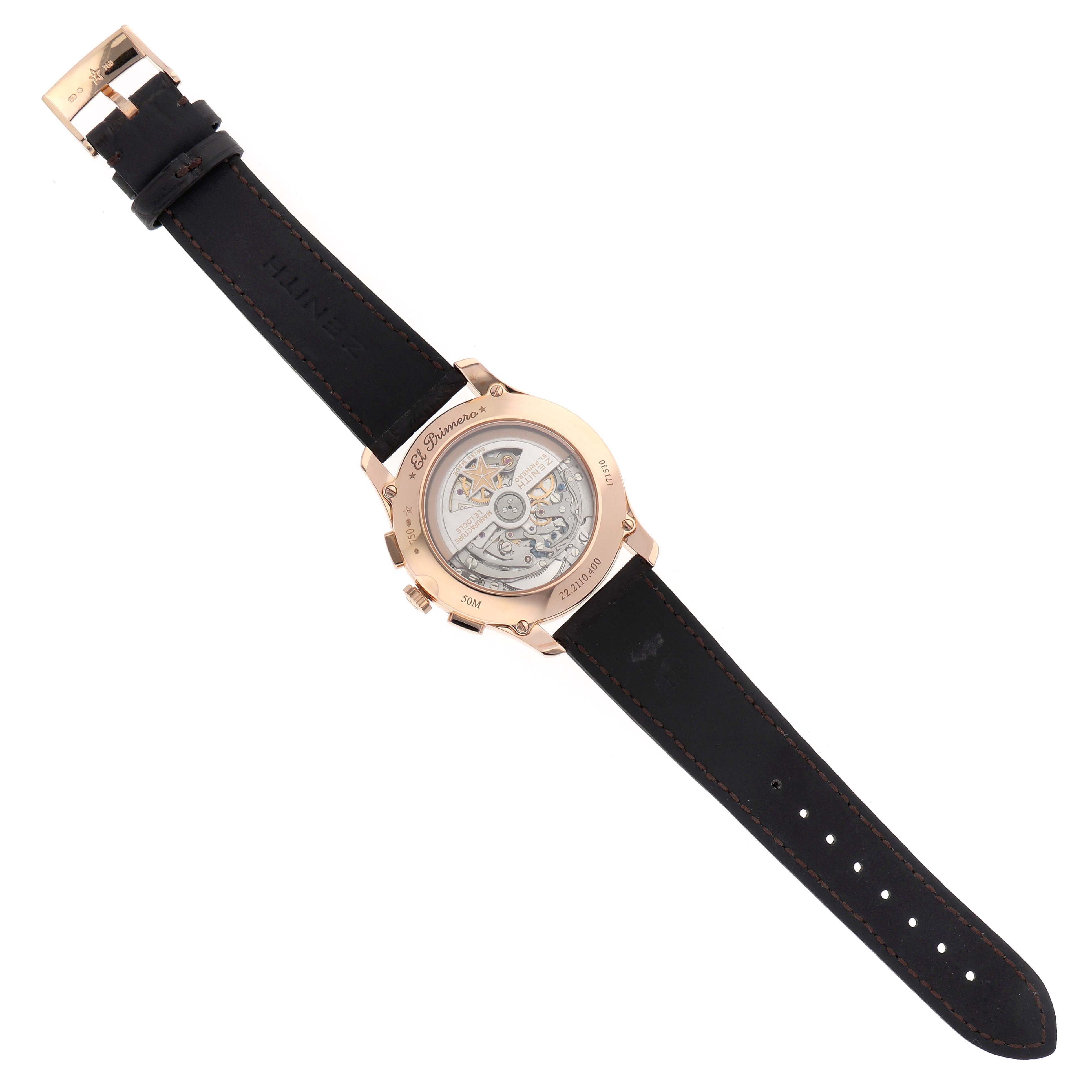 The image shows the back of the Zenith El Primero 22.2110.400 Men
s Rose Gold Silver Dial watch, highlighting its transparent case back and movement details.